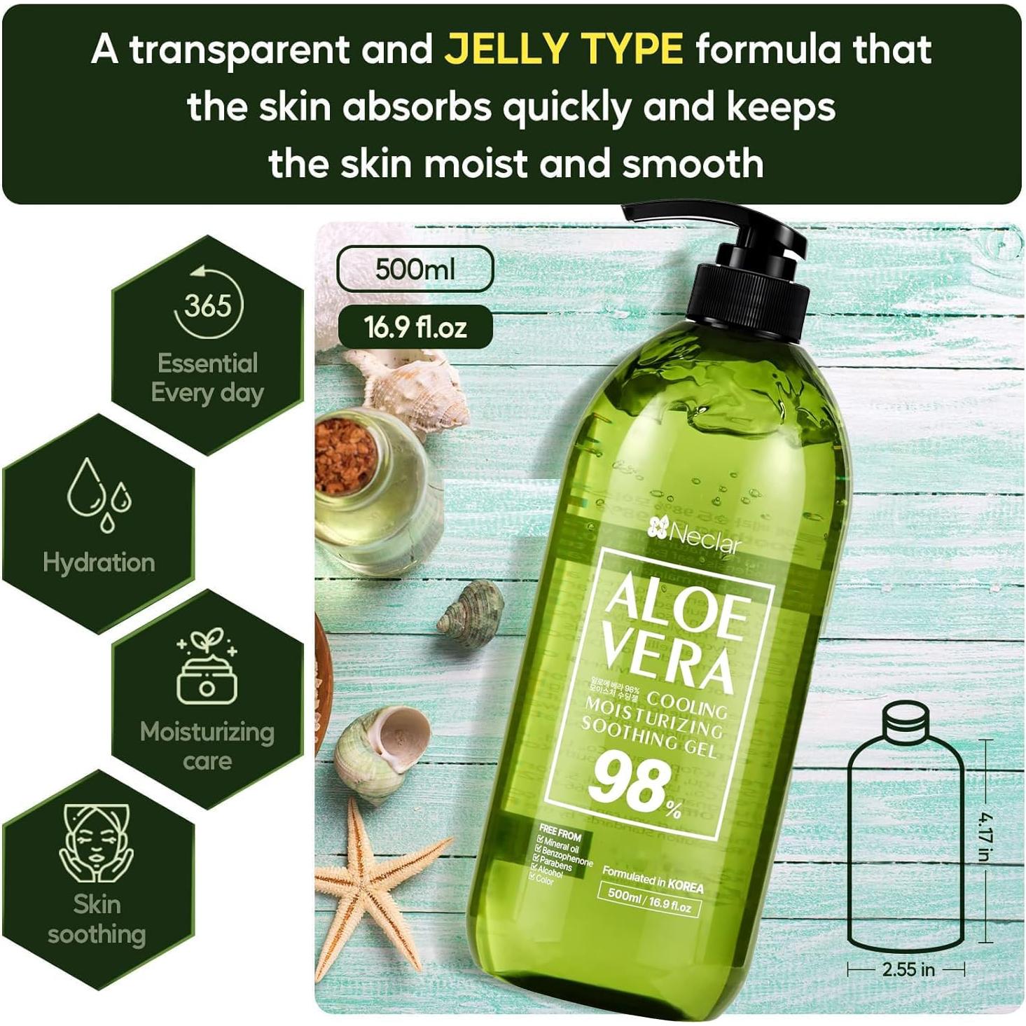 Gel de Aloe Vera 98% Puro Neclar 500ml - Hidratante y Calmante