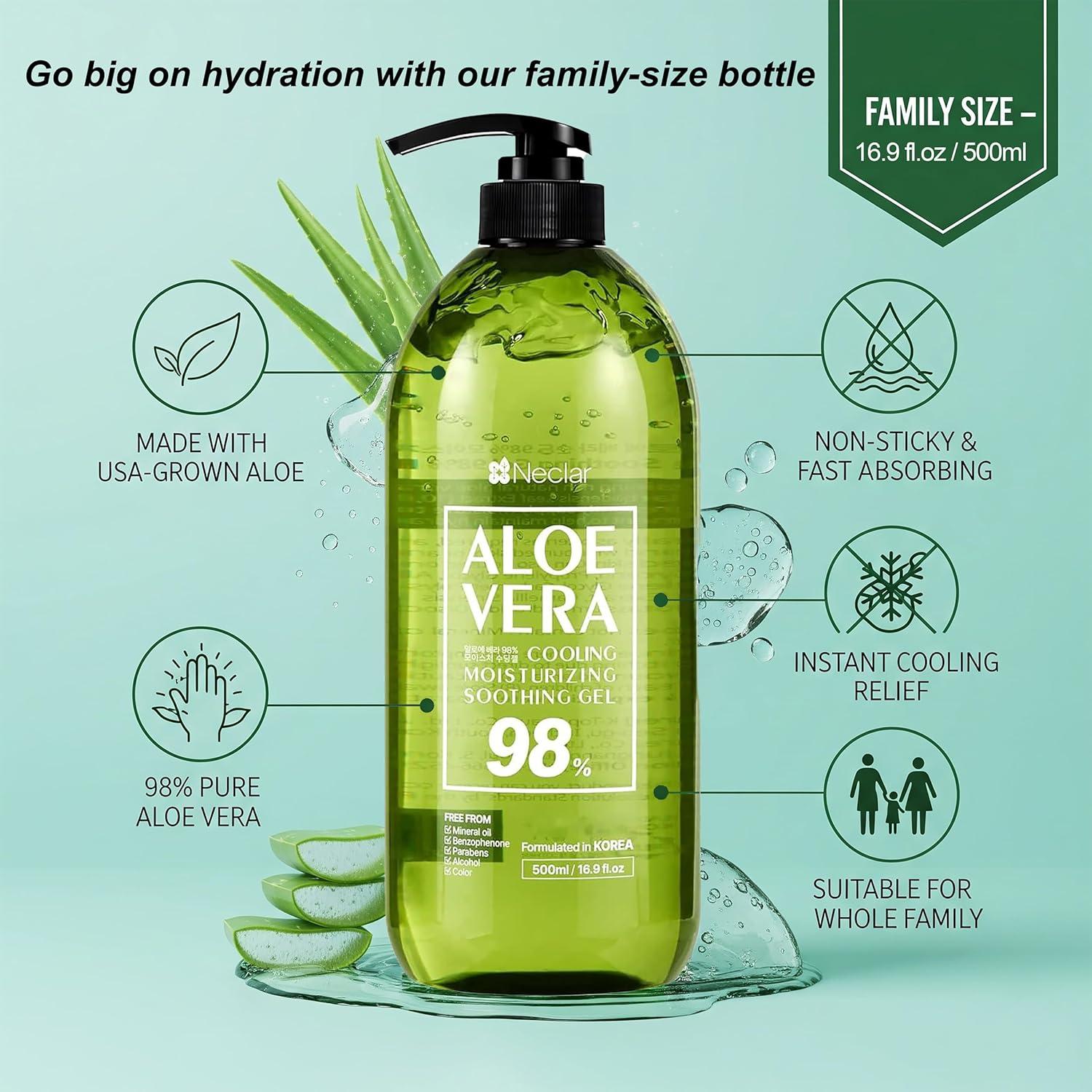 Gel de Aloe Vera 98% Puro Neclar 500ml - Hidratante y Calmante