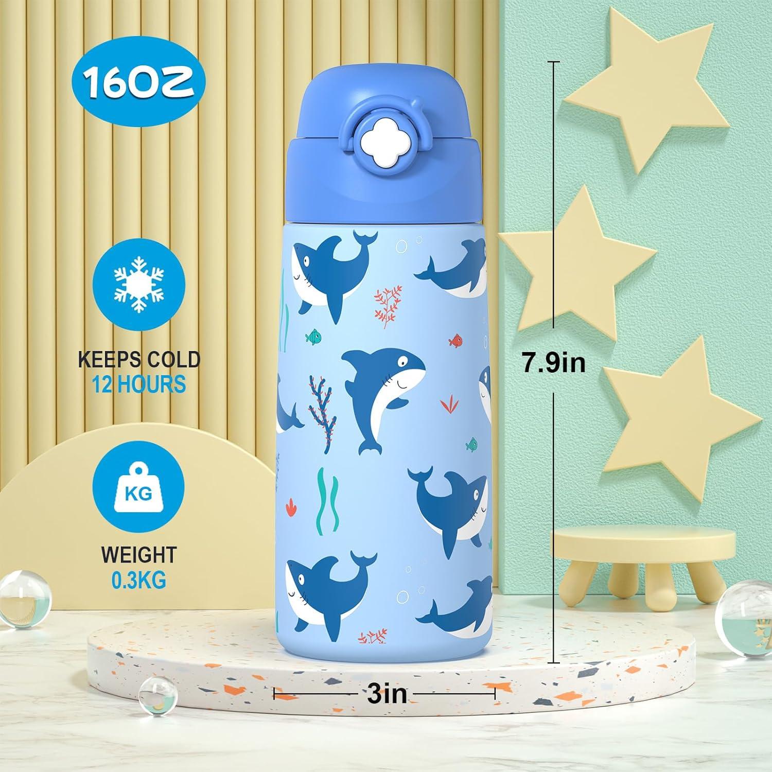 Botella de Agua Aislada Ntswasd 0.47L para Niños Tiburón