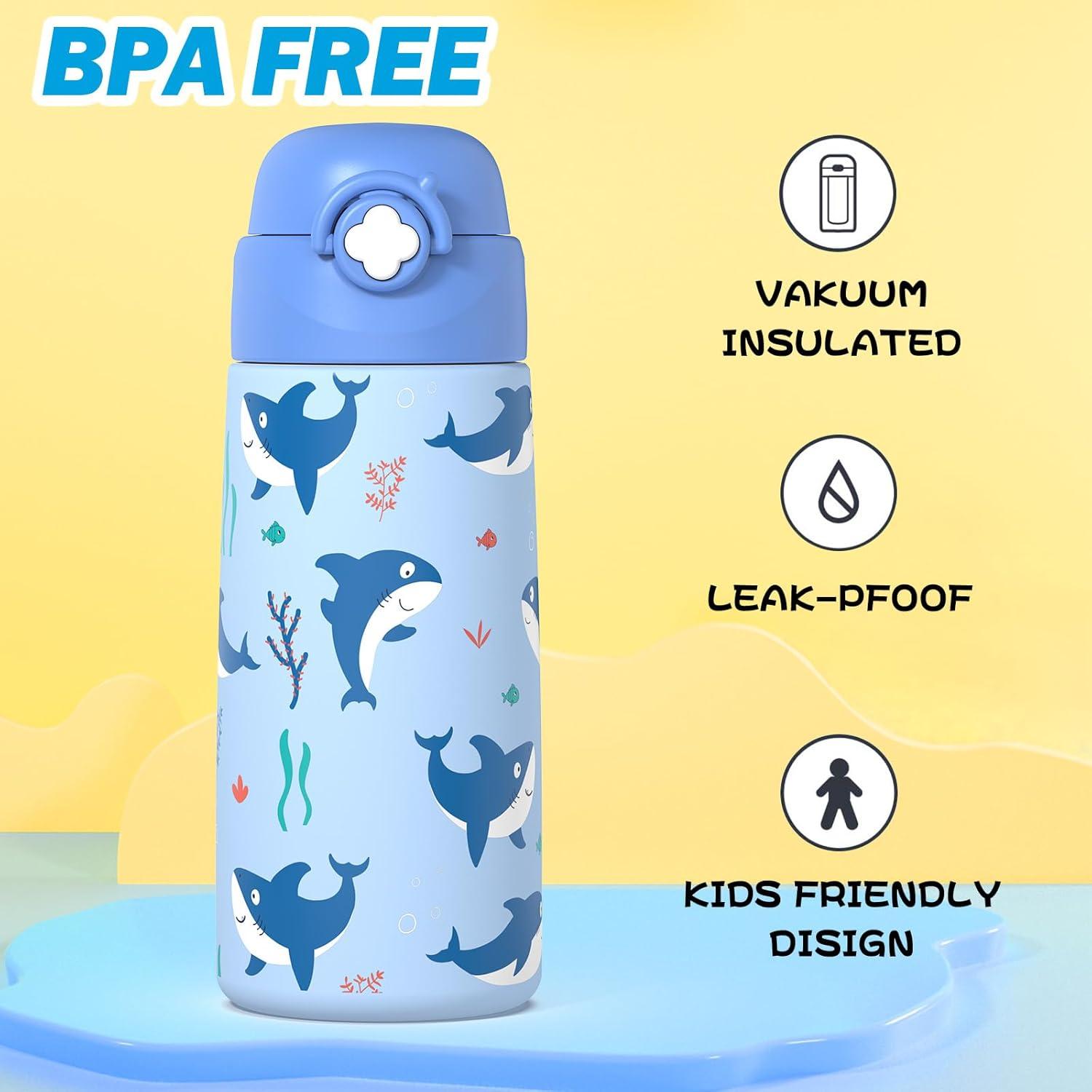 Botella de Agua Aislada Ntswasd 0.47L para Niños Tiburón