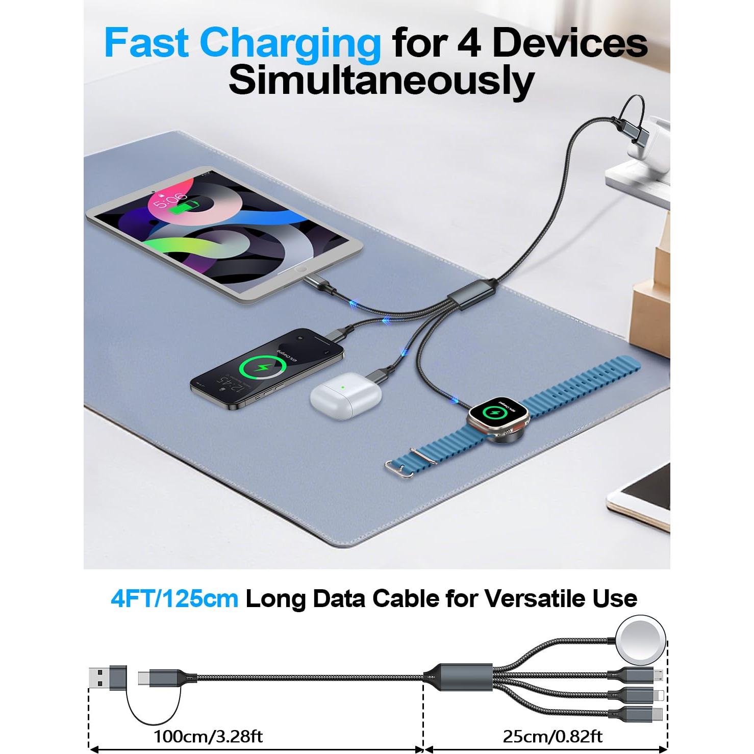 Cable de Carga 4-en-2 Tipo C USB A para Apple Watch iPhone