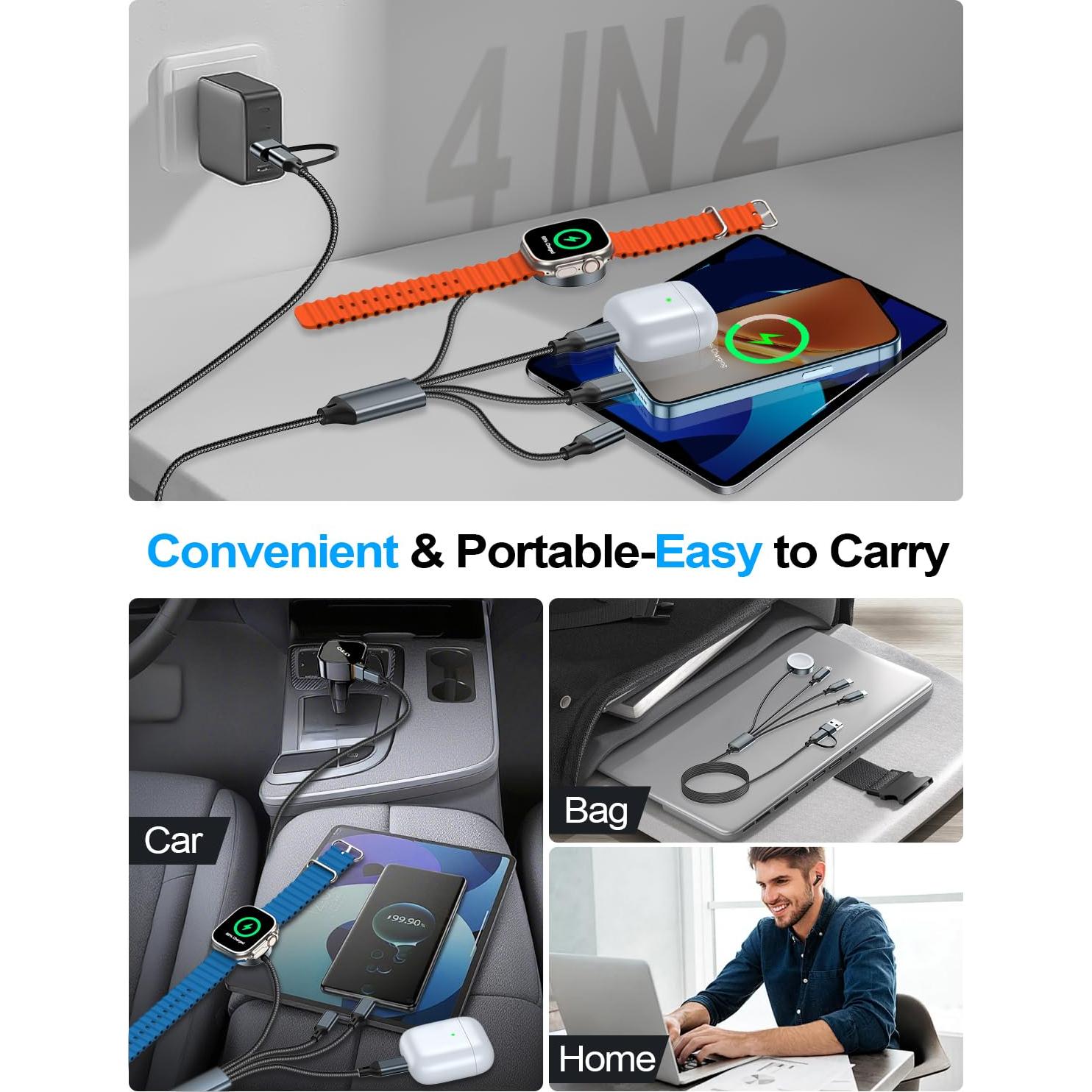 Cable de Carga 4-en-2 Tipo C USB A para Apple Watch iPhone