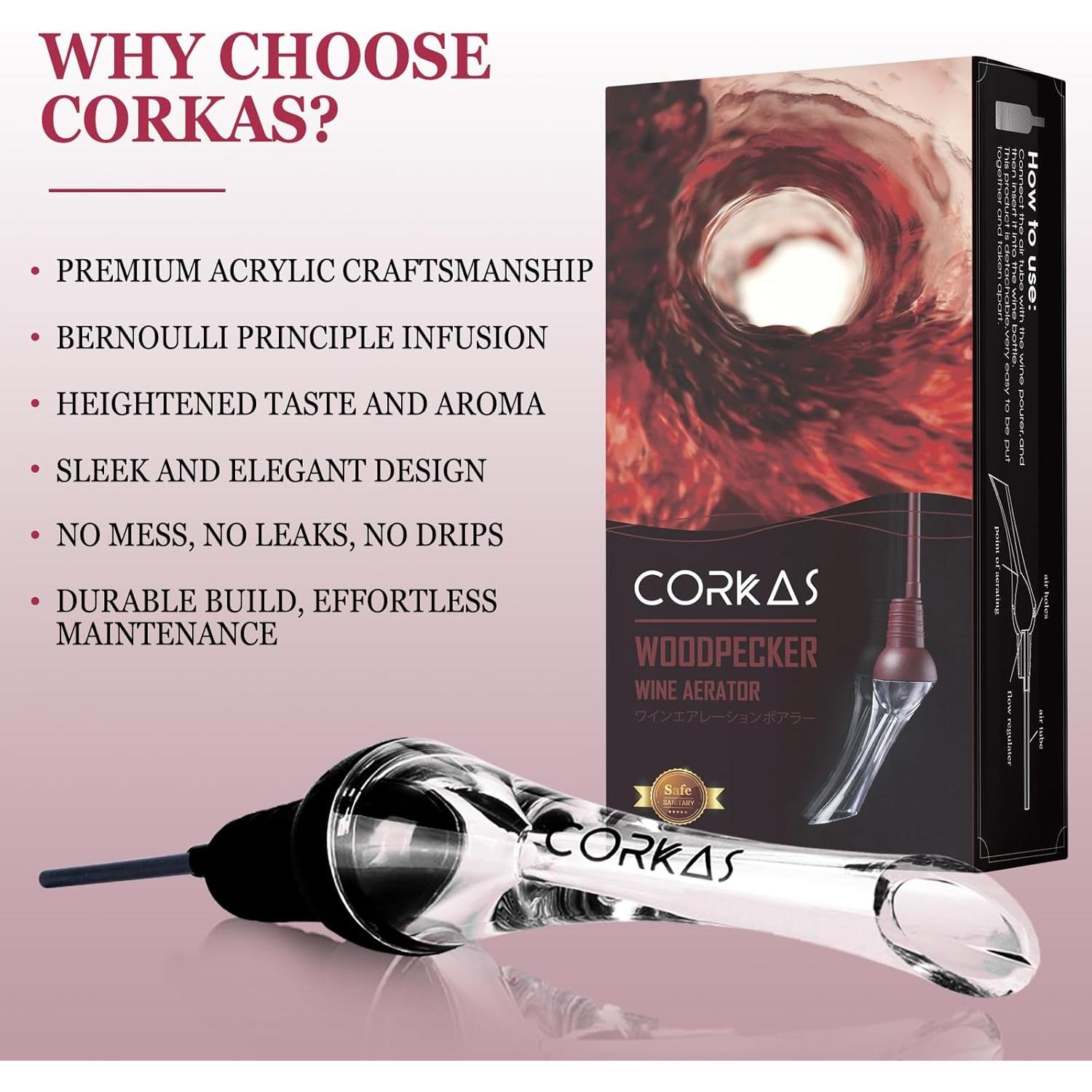 Aerador de Vino CORKAS 2-en-1 Profesional Sin Goteo