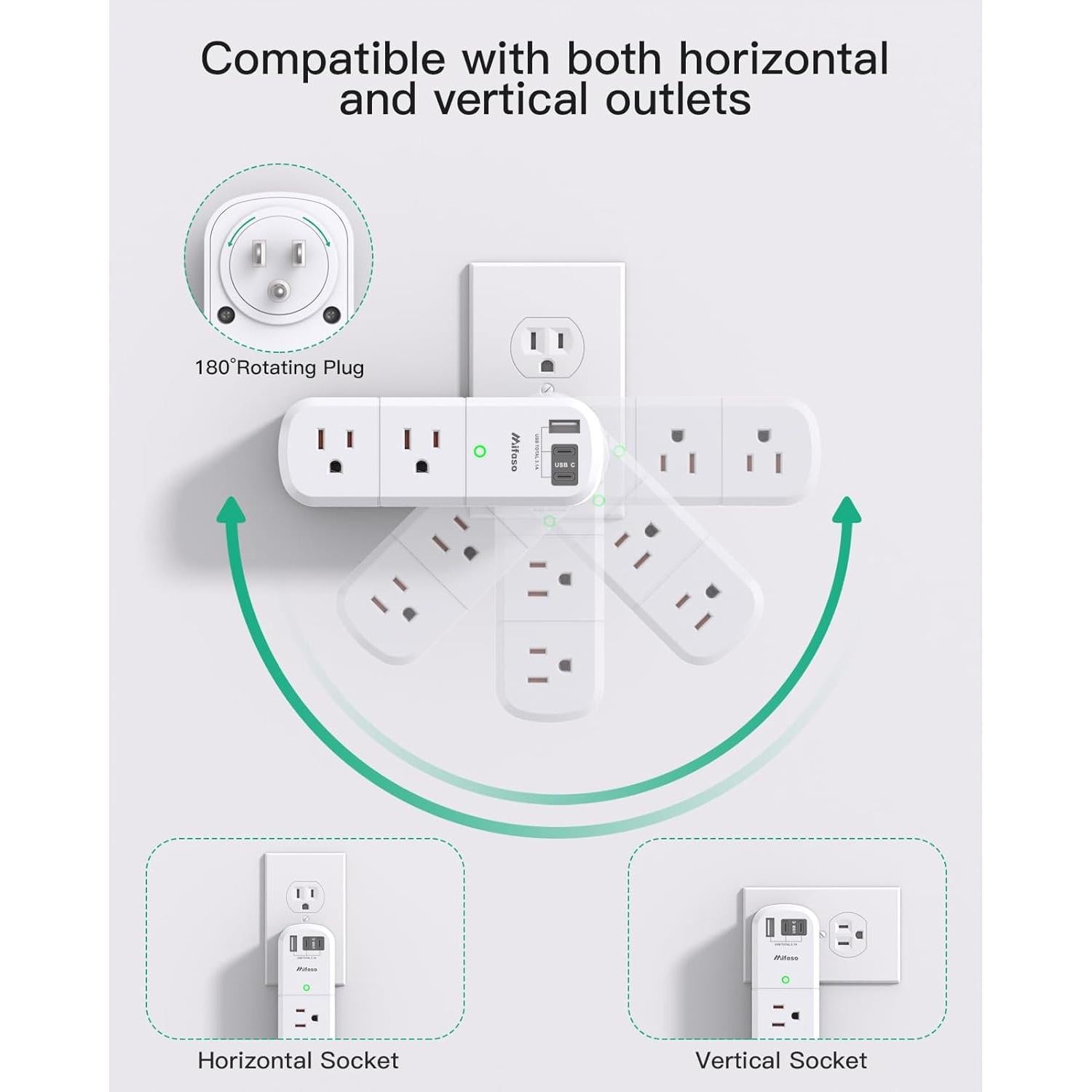 Extensor de Enchufe Rotatorio MIFASOPOWER 6 Salidas CA y 3 USB