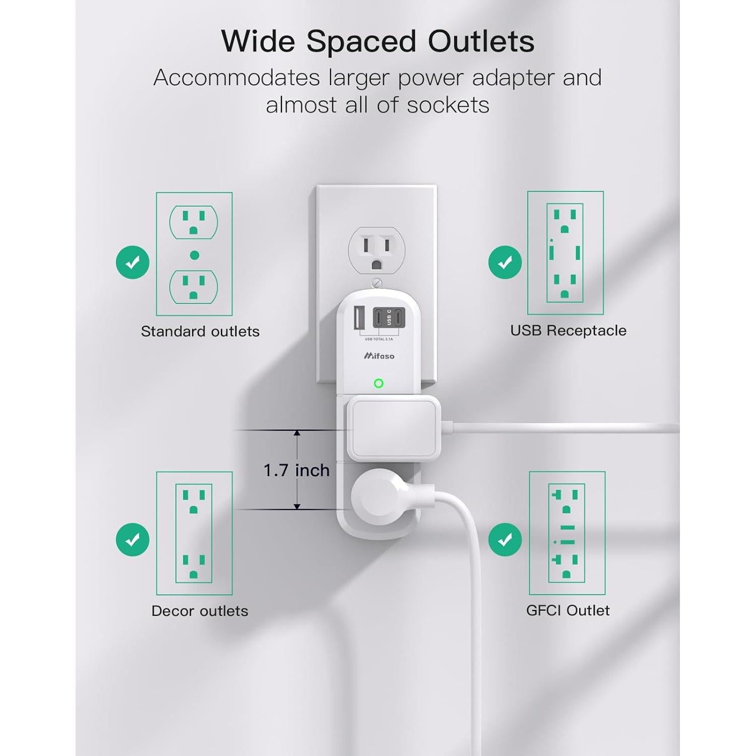Extensor de Enchufe Rotatorio MIFASOPOWER 6 Salidas CA y 3 USB