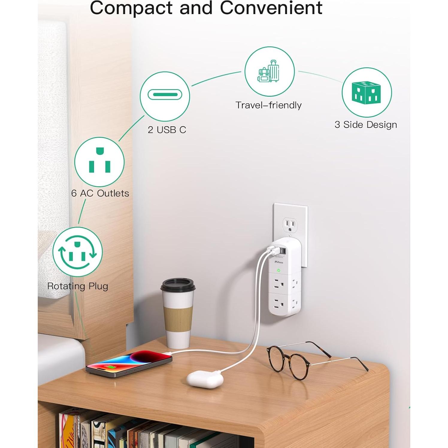Extensor de Enchufe Rotatorio MIFASOPOWER 6 Salidas CA y 3 USB