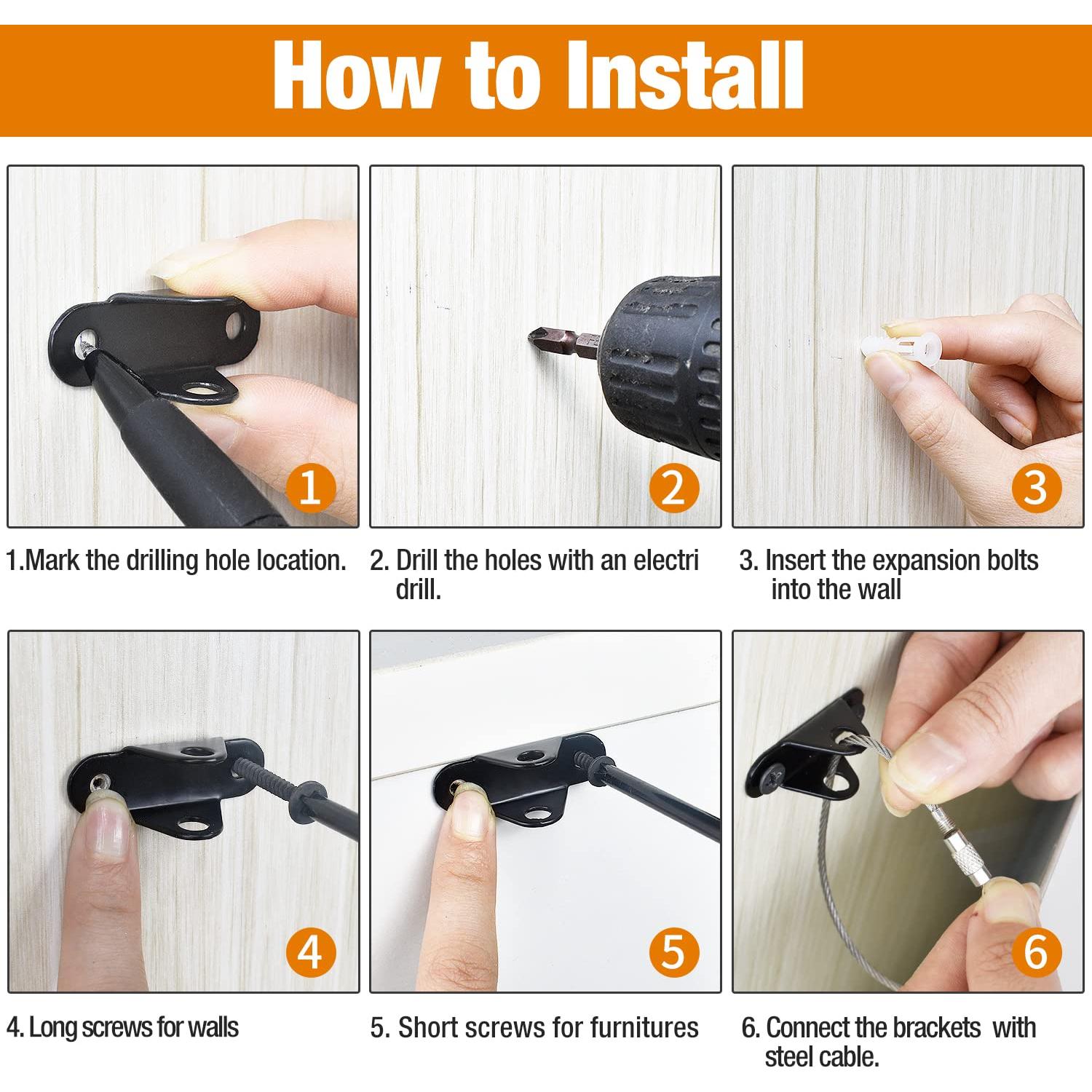 Anclajes Antivuelco para Muebles Negro - 10 Paquetes de Seguridad