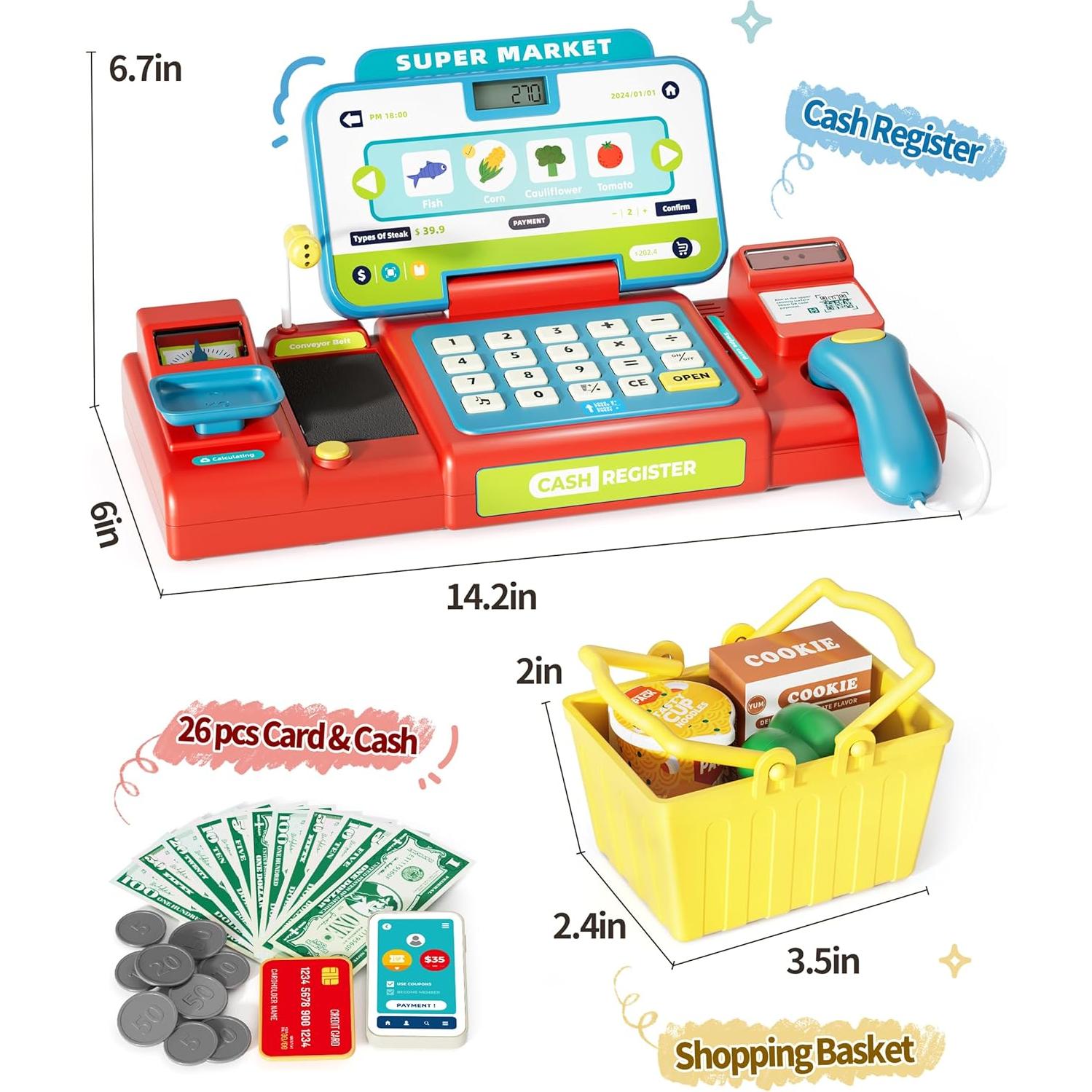 Caja Registradora de Juguete para Niños 3-8 Años - Azul y Rojo