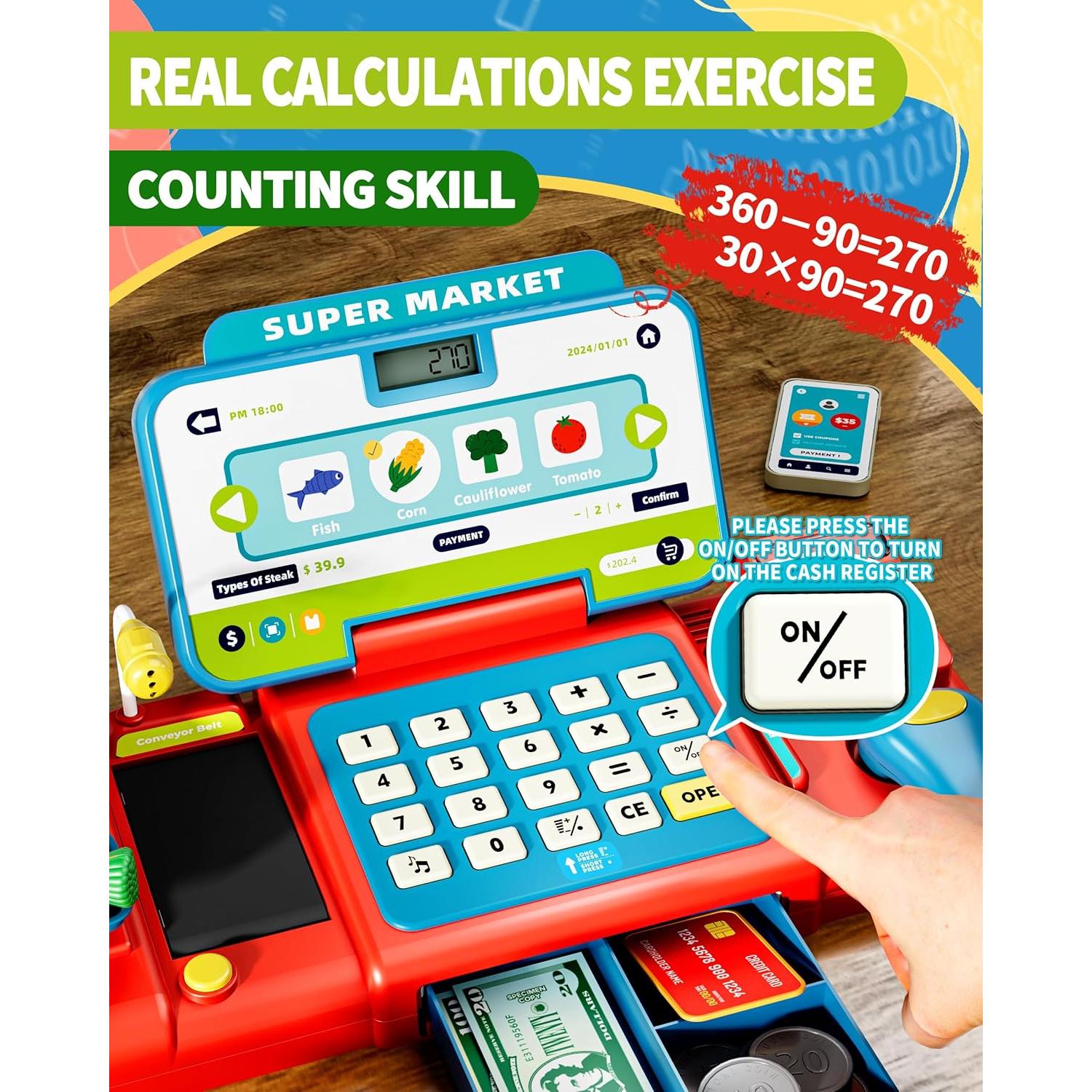 Caja Registradora de Juguete para Niños 3-8 Años - Azul y Rojo