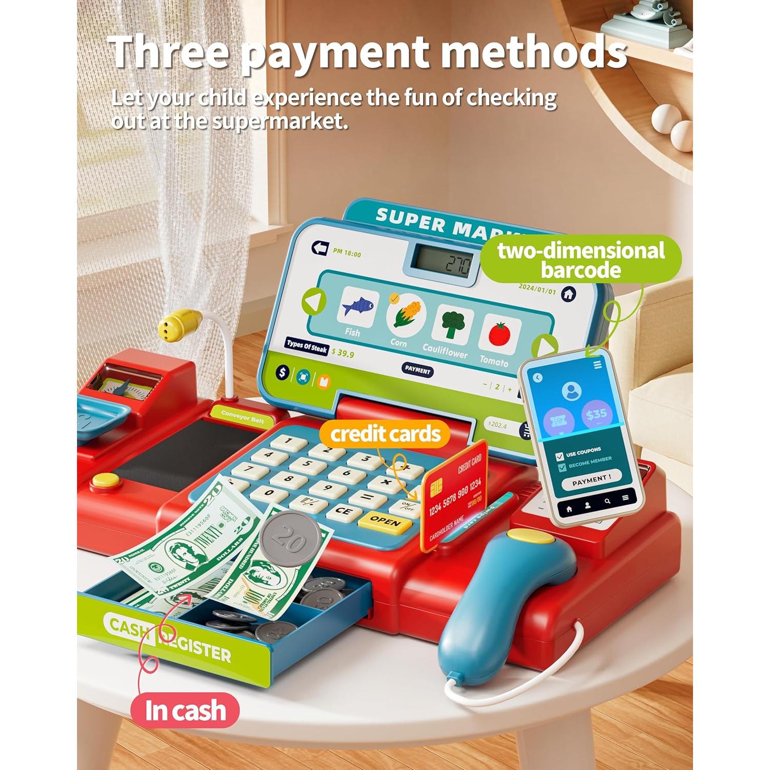 Caja Registradora de Juguete para Niños 3-8 Años - Azul y Rojo