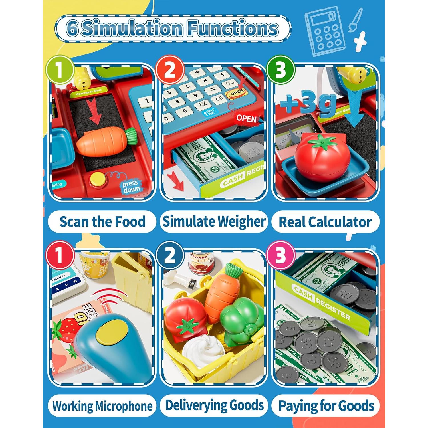 Caja Registradora de Juguete para Niños 3-8 Años - Azul y Rojo