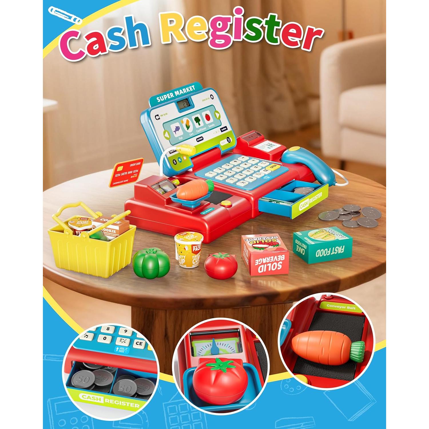 Caja Registradora de Juguete para Niños 3-8 Años - Azul y Rojo