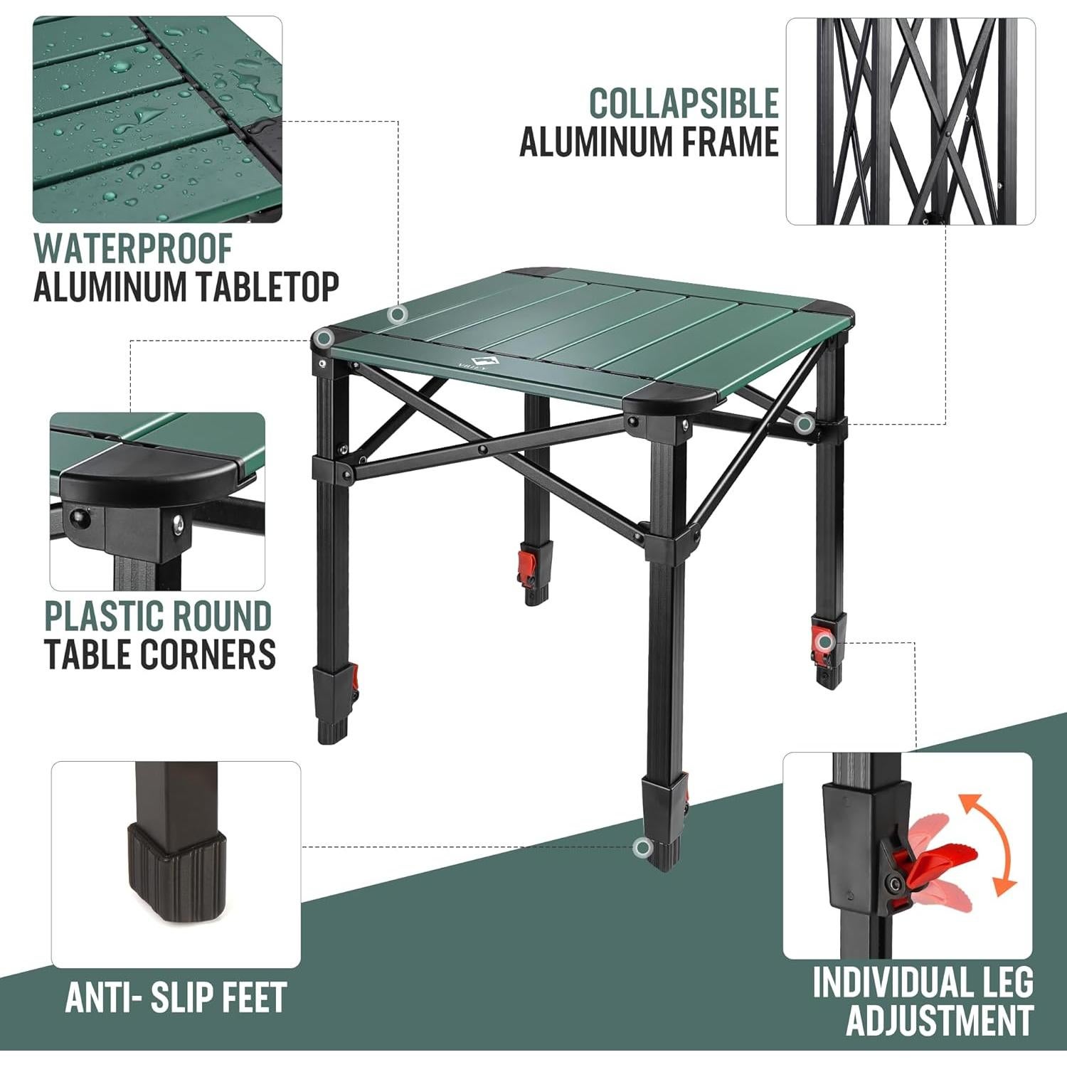 Mesa de Camping Plegable VILLEY Verde 39.88x39.88cm Ajustable
