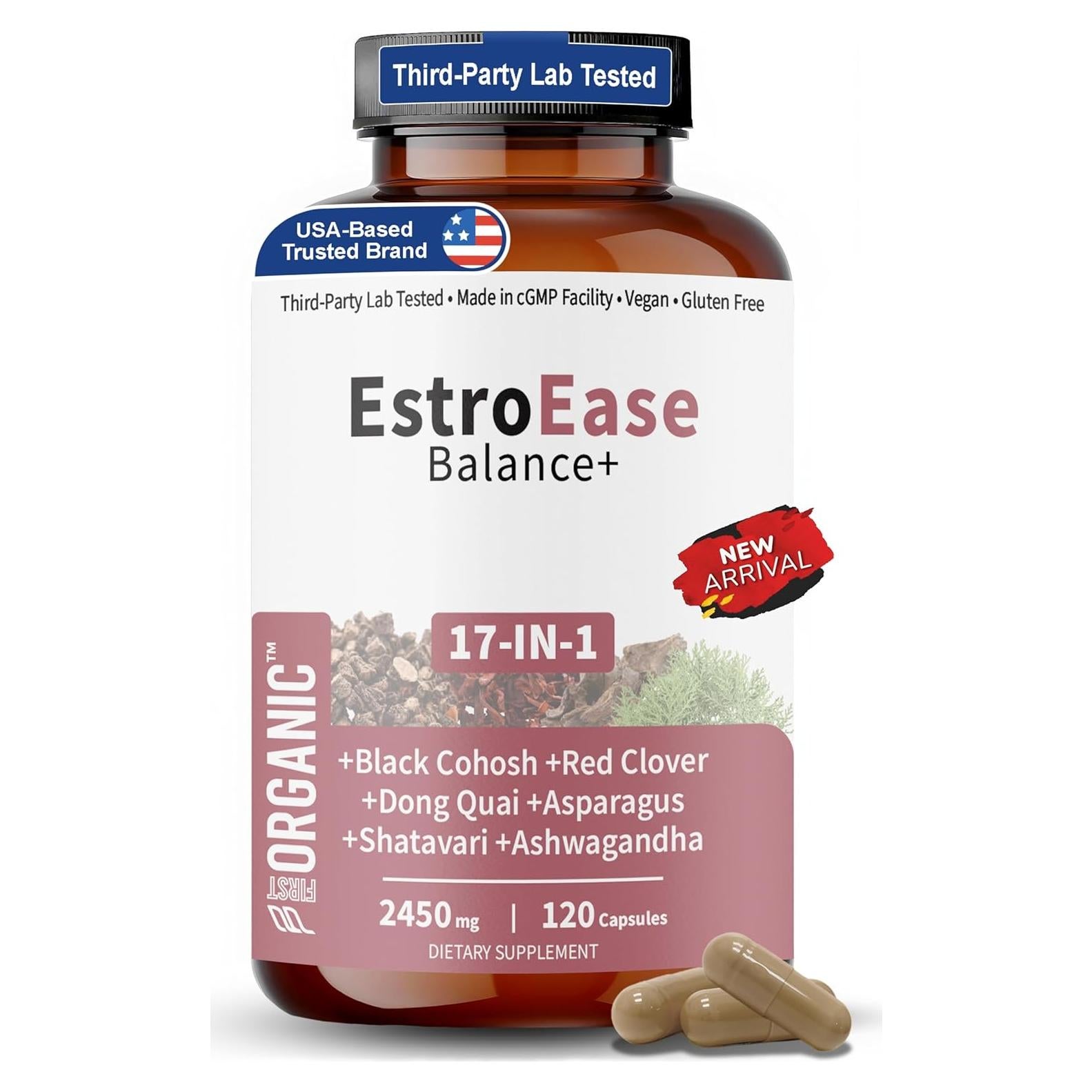 EstroEase Balance+ | 2450mg - 17-in-1 | Plant-Based Women’s Menopause, Cycle & Hormonal Balance Support | Third-Party Tested, Vegan, Non-GMO, Gluten Free | 120 Capsules