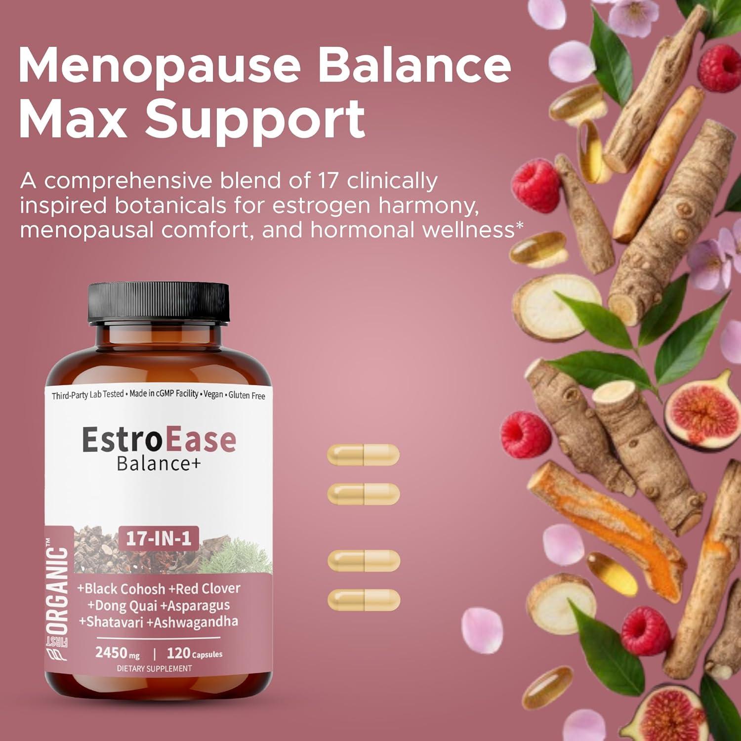 EstroEase Balance+ | 2450mg - 17-in-1 | Plant-Based Women’s Menopause, Cycle & Hormonal Balance Support | Third-Party Tested, Vegan, Non-GMO, Gluten Free | 120 Capsules