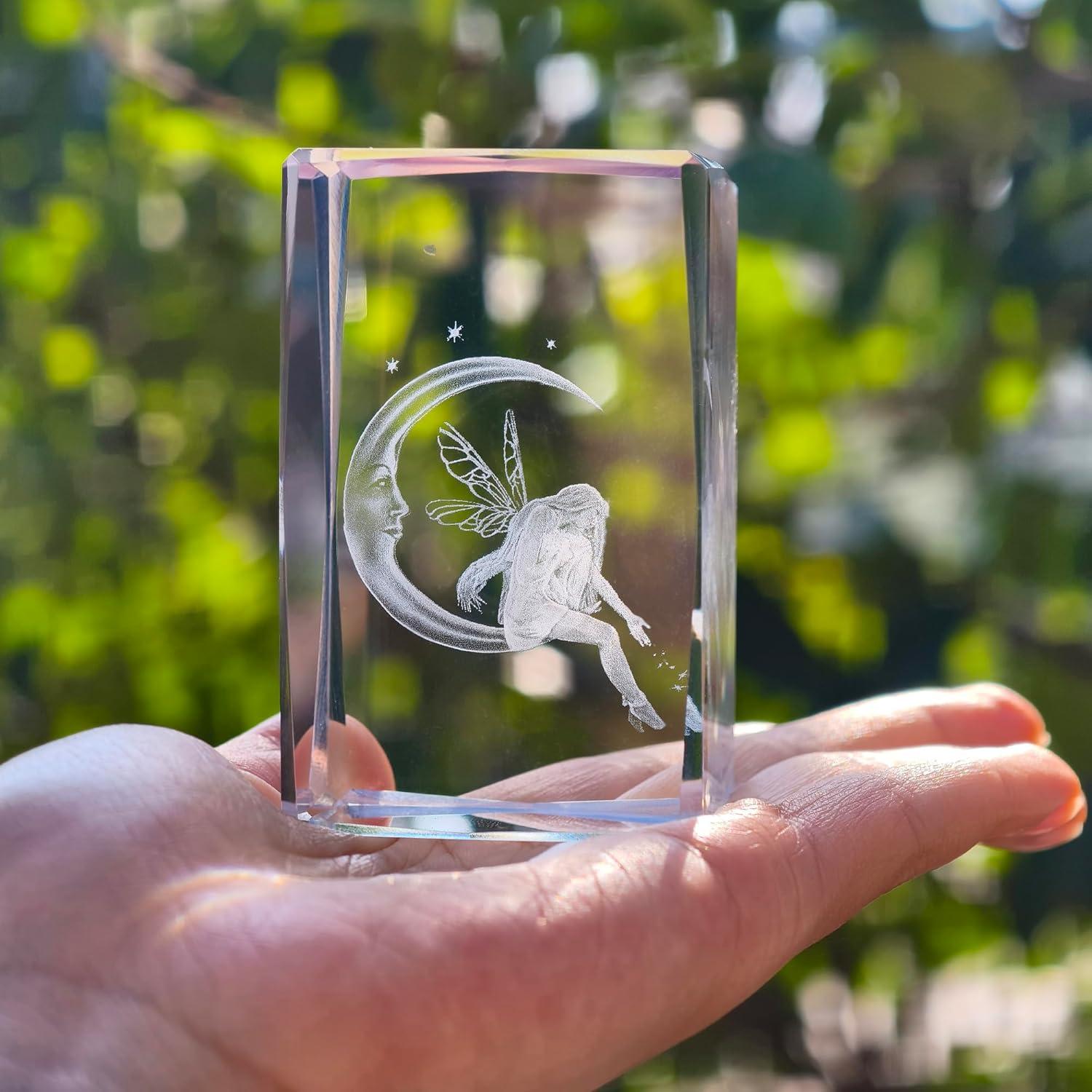 Luz Nocturna de Cristal 3D Hada y Luna con Base LED Colorida