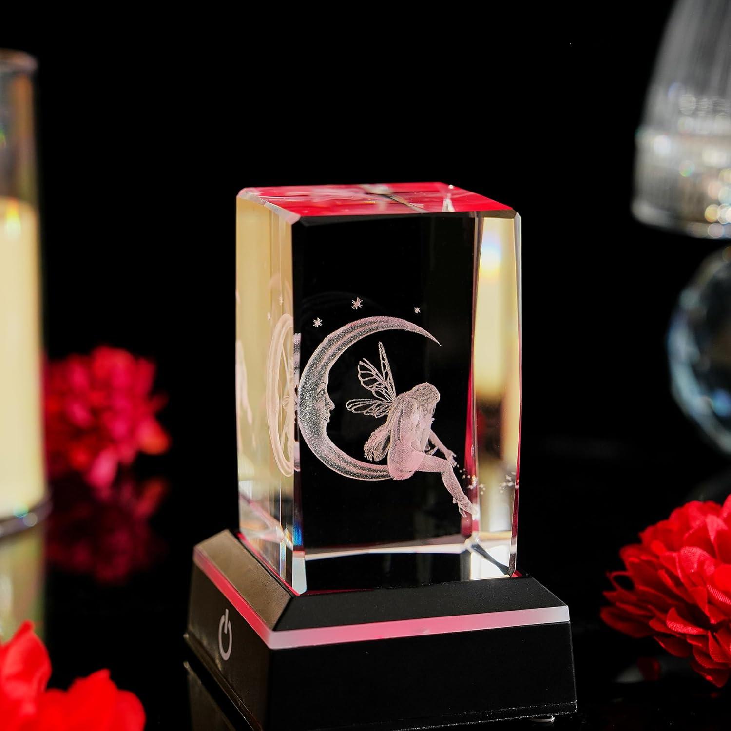 Luz Nocturna de Cristal 3D Hada y Luna con Base LED Colorida