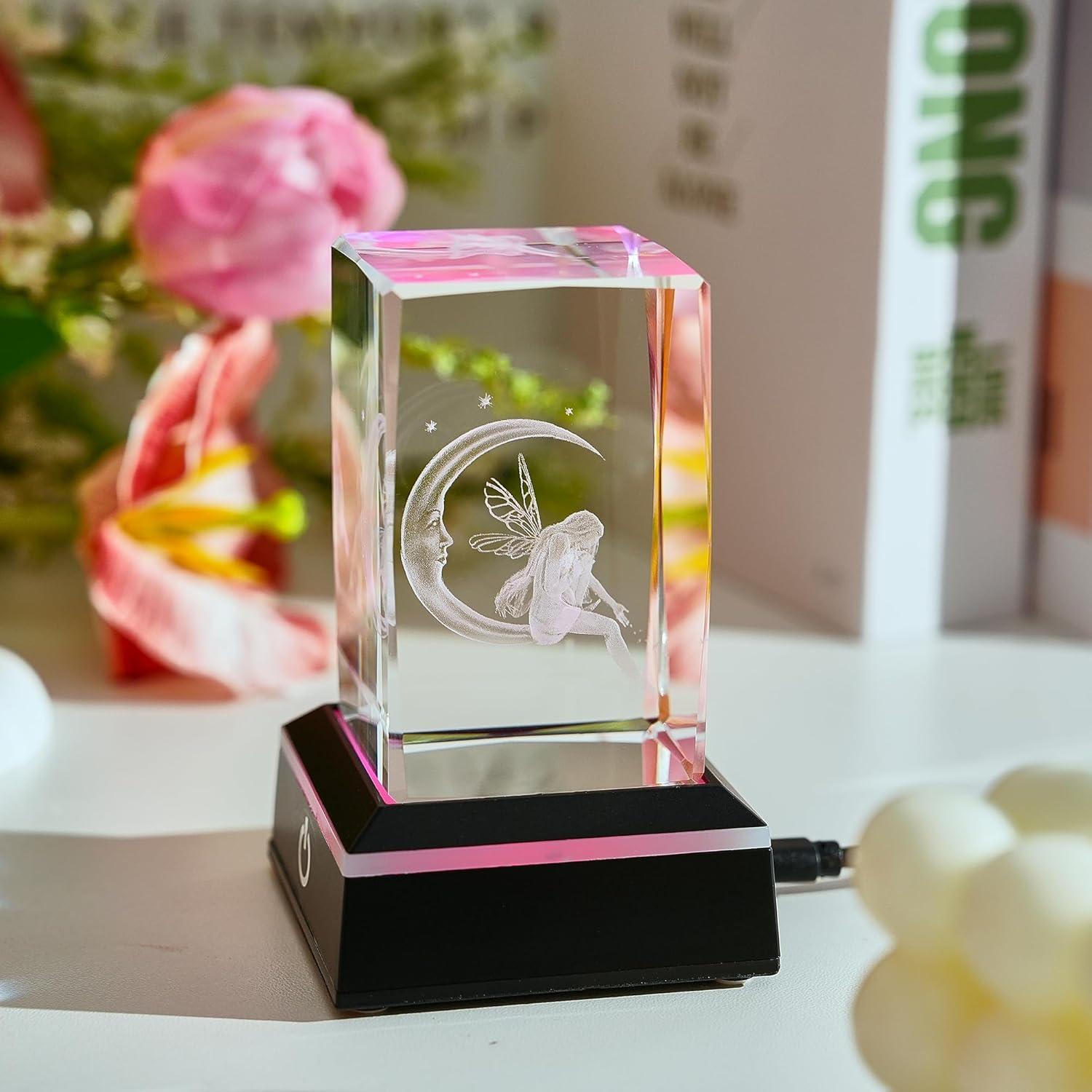 Luz Nocturna de Cristal 3D Hada y Luna con Base LED Colorida