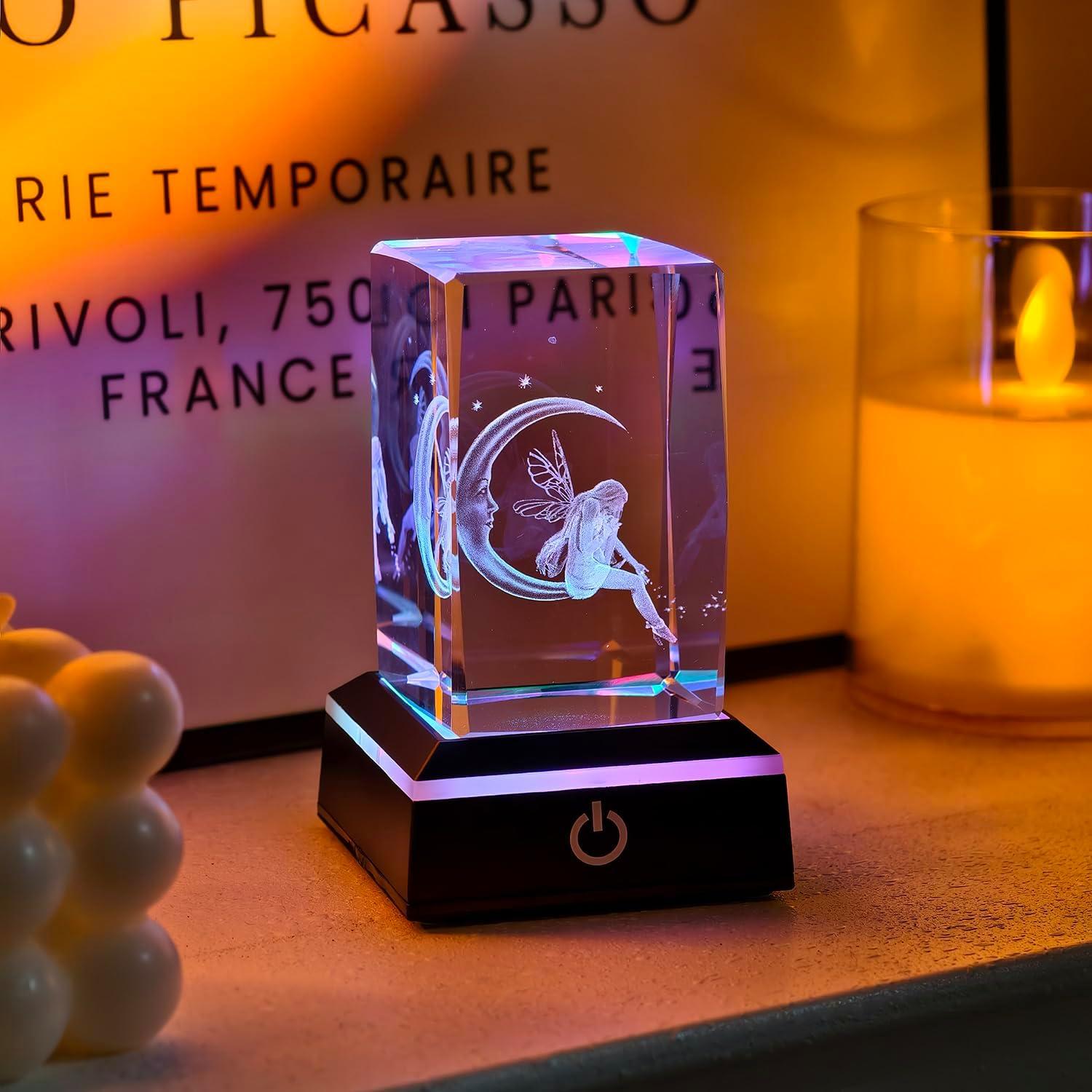 Luz Nocturna de Cristal 3D Hada y Luna con Base LED Colorida