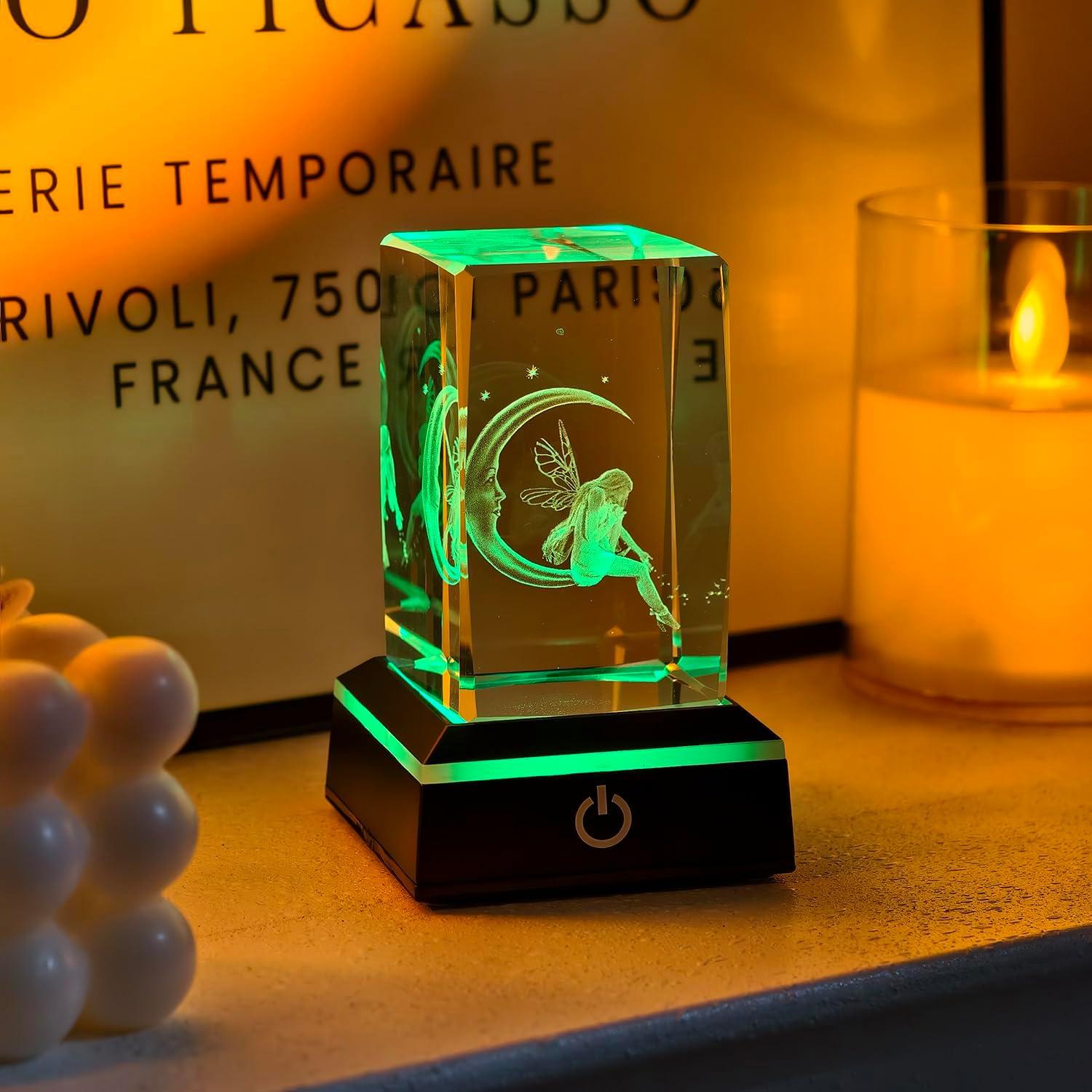 Luz Nocturna de Cristal 3D Hada y Luna con Base LED Colorida