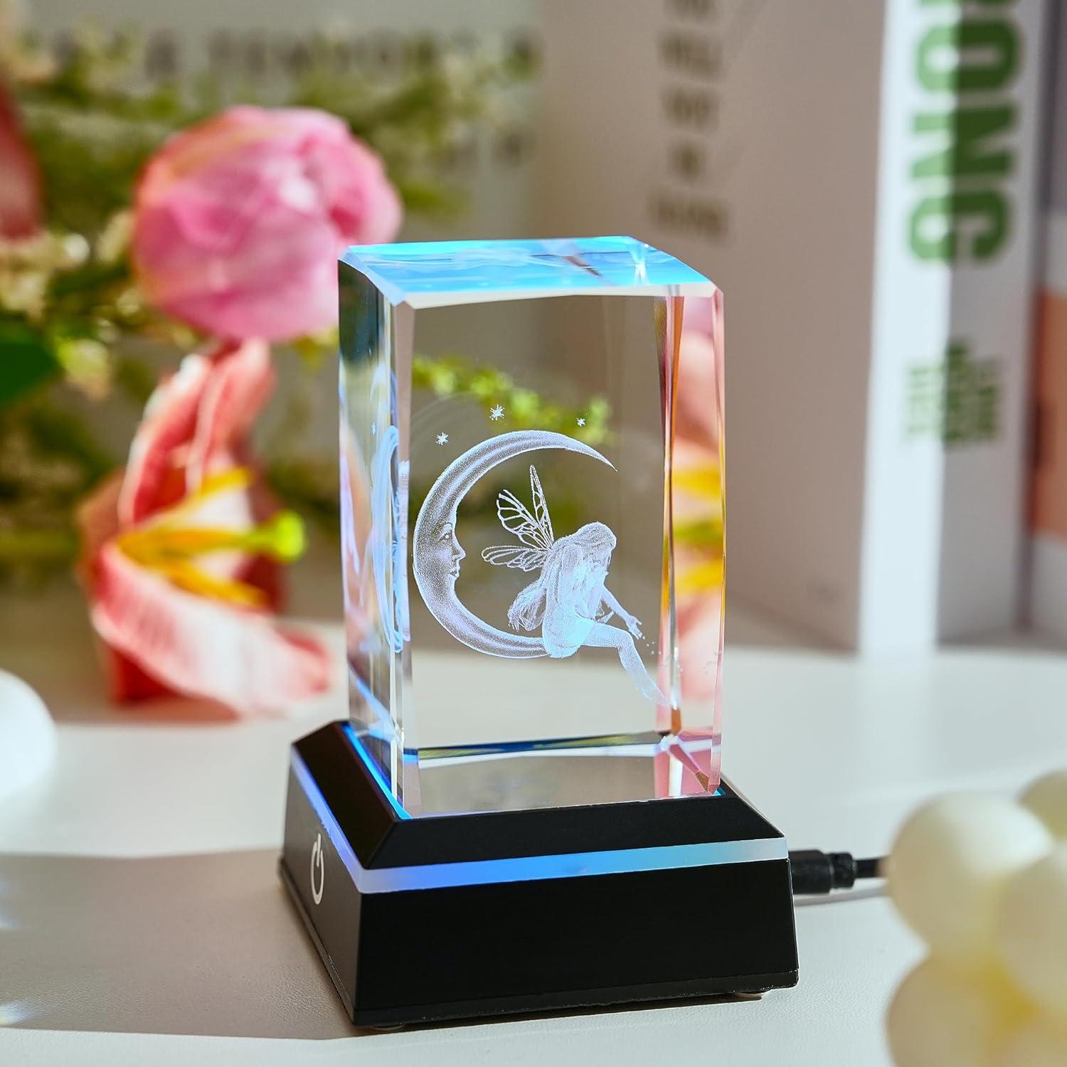 Luz Nocturna de Cristal 3D Hada y Luna con Base LED Colorida