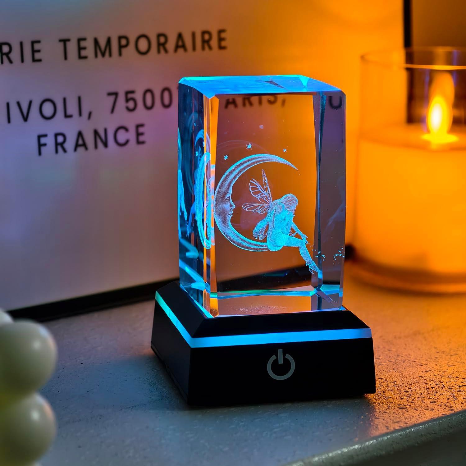 Luz Nocturna de Cristal 3D Hada y Luna con Base LED Colorida