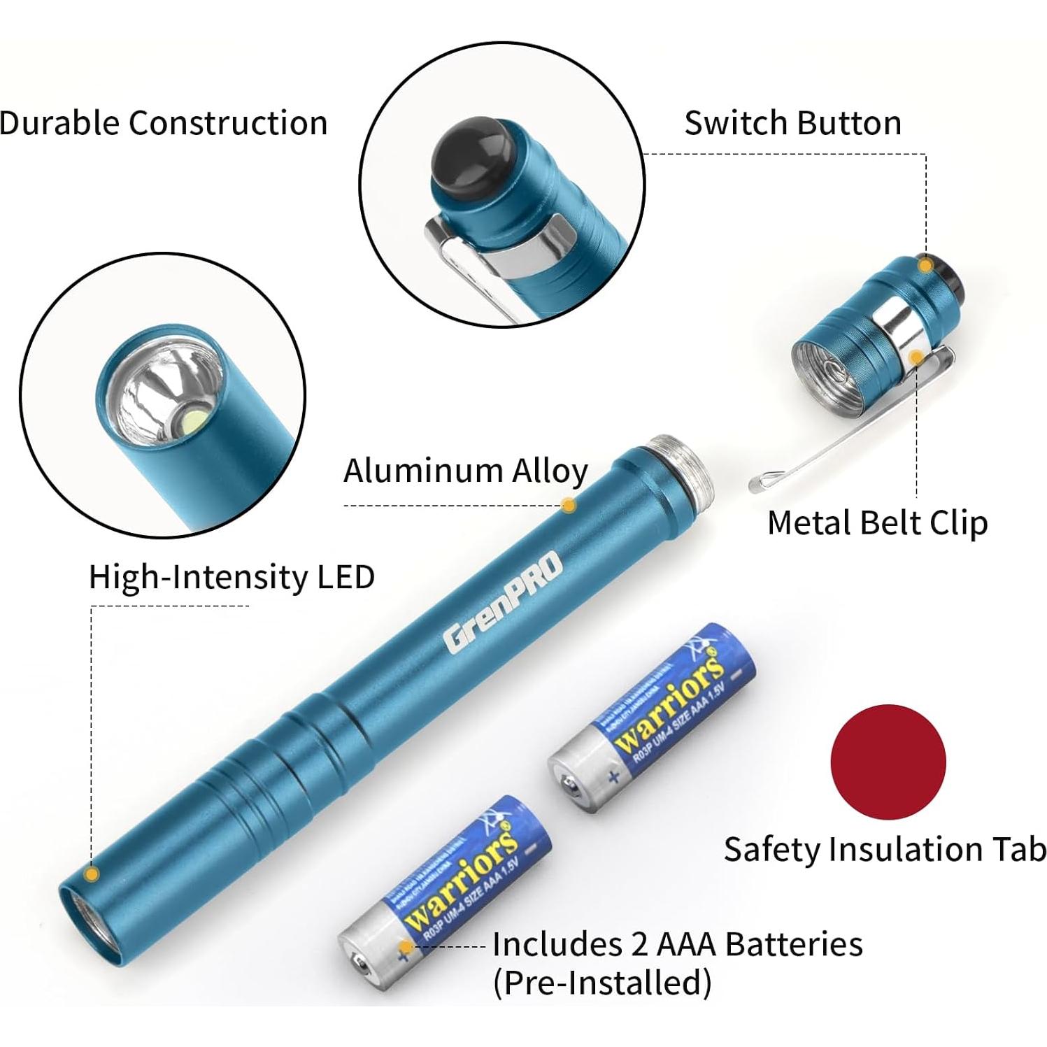 Linterna LED de bolsillo GRENPRO azul, 4 unidades con pilas