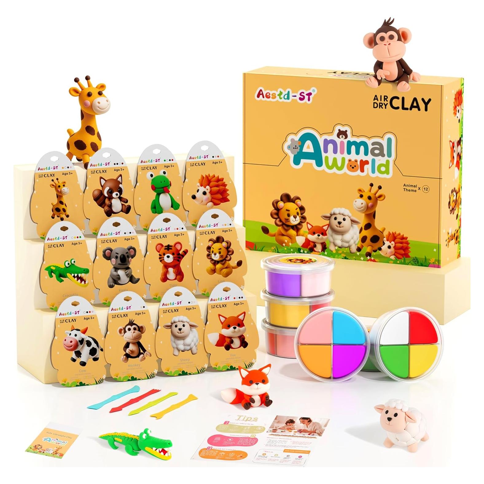 Kit de Arcilla Secada al Aire Aestd-ST - Tema Animal, 12 Cajas