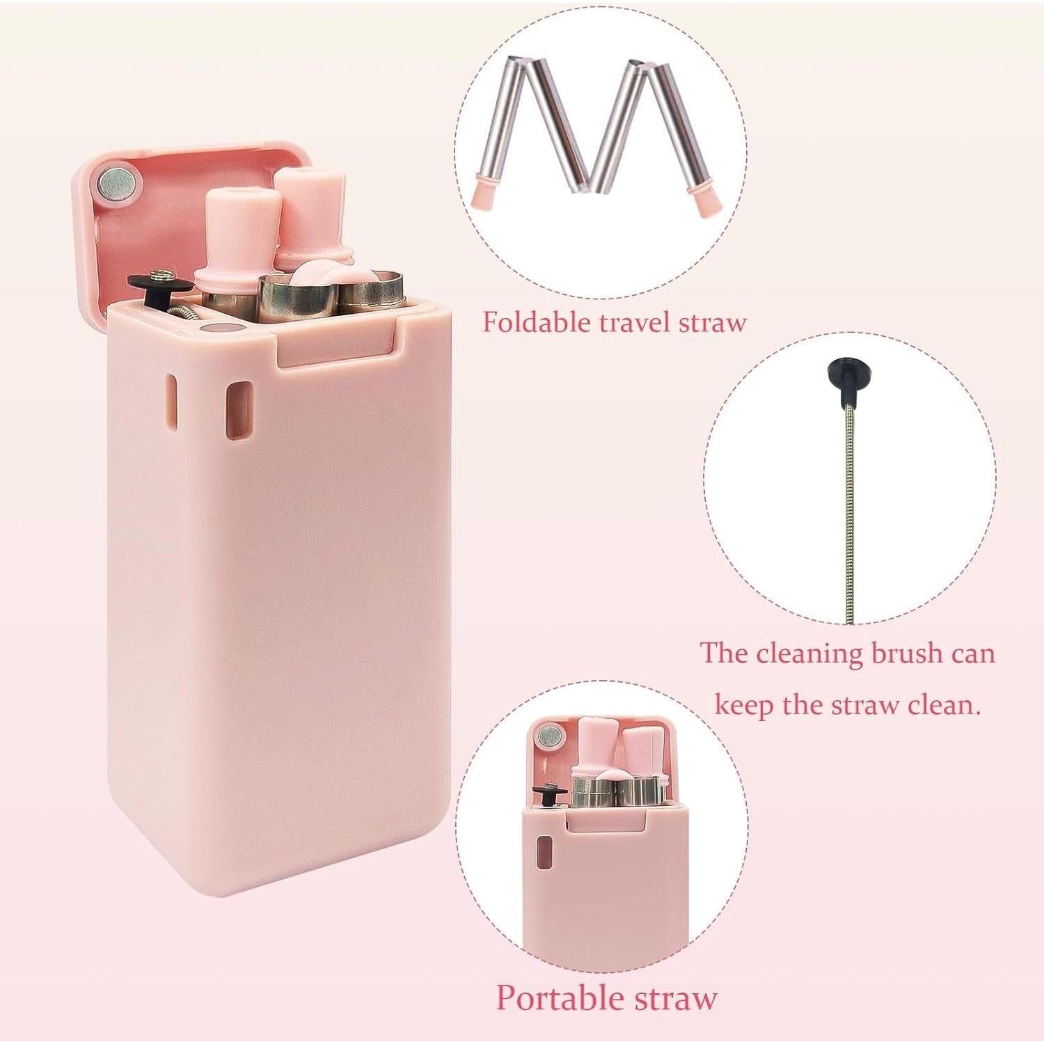 Popotes Reutilizables Plegables Biiange Acero Inoxidable Rosado