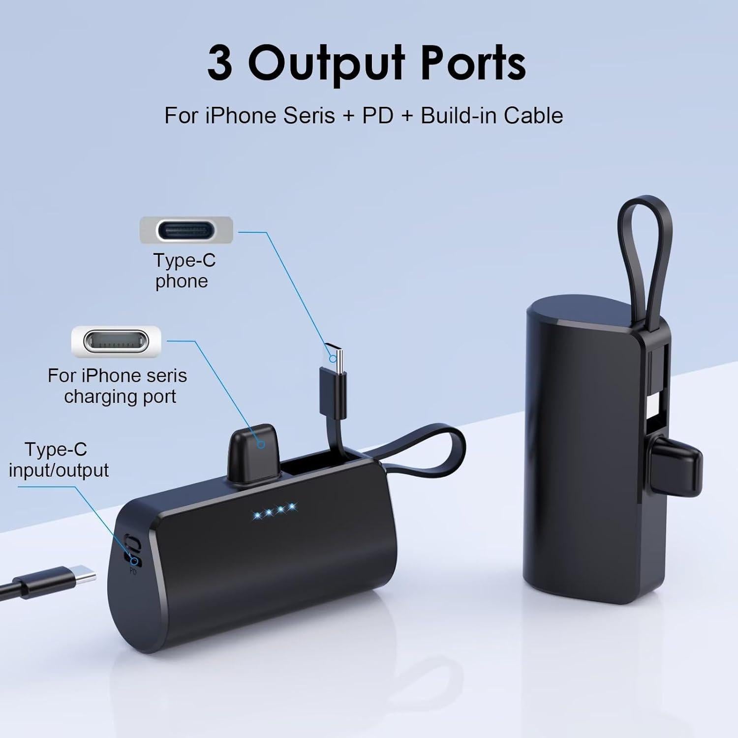 Cargador Portátil Mini 5200mAh Dongguan con Cable Tipo-C y Lightning