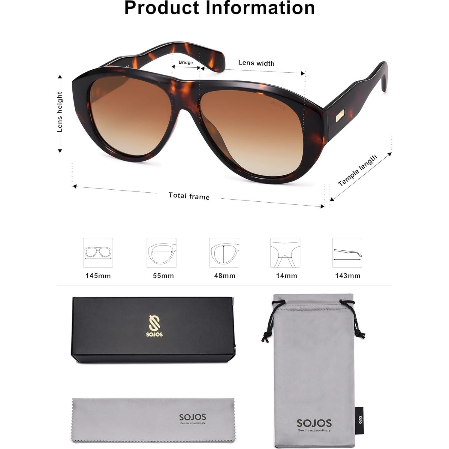 Gafas de sol aviador polarizadas SOJOS retro UV400 55mm