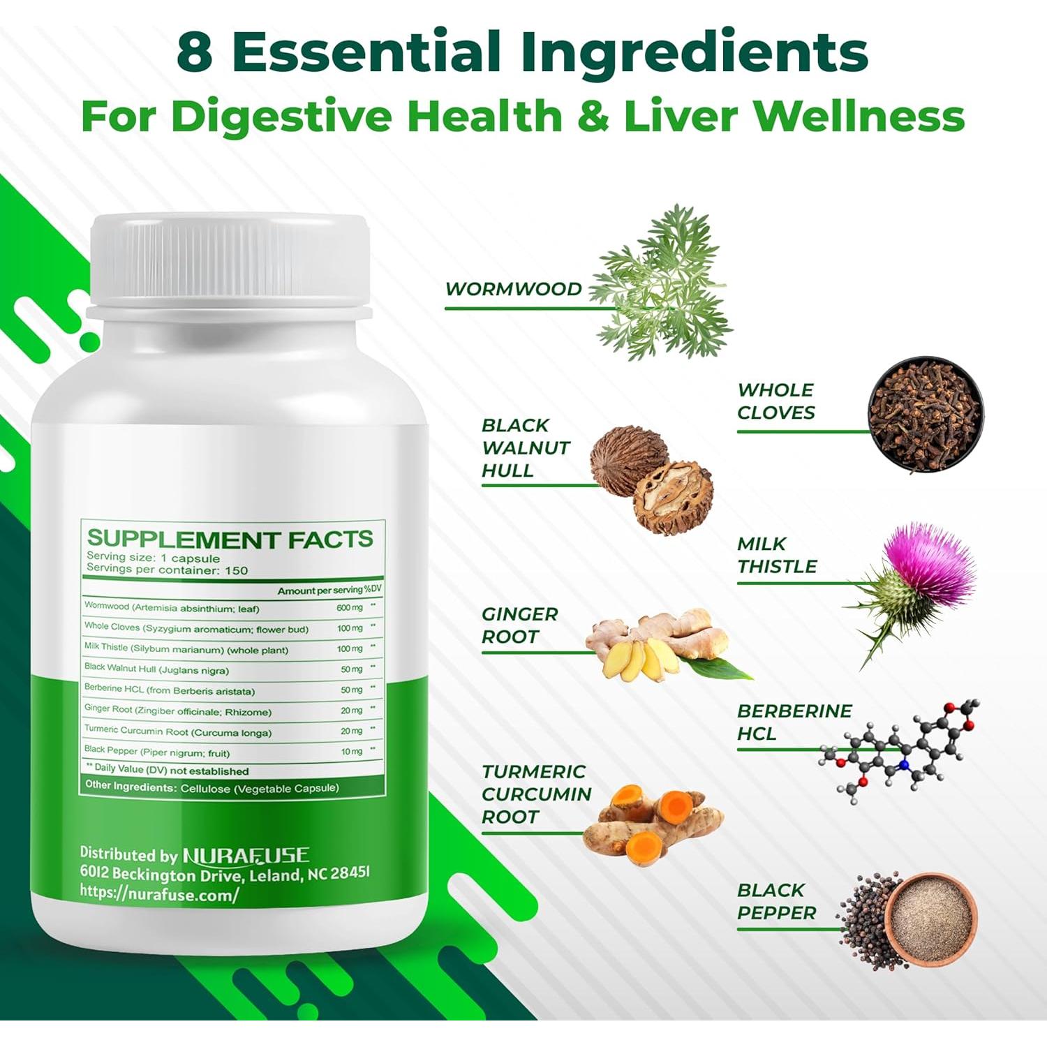 Suplemento Herbal Ajenjo NuraFuse 150 Cápsulas Digestivas