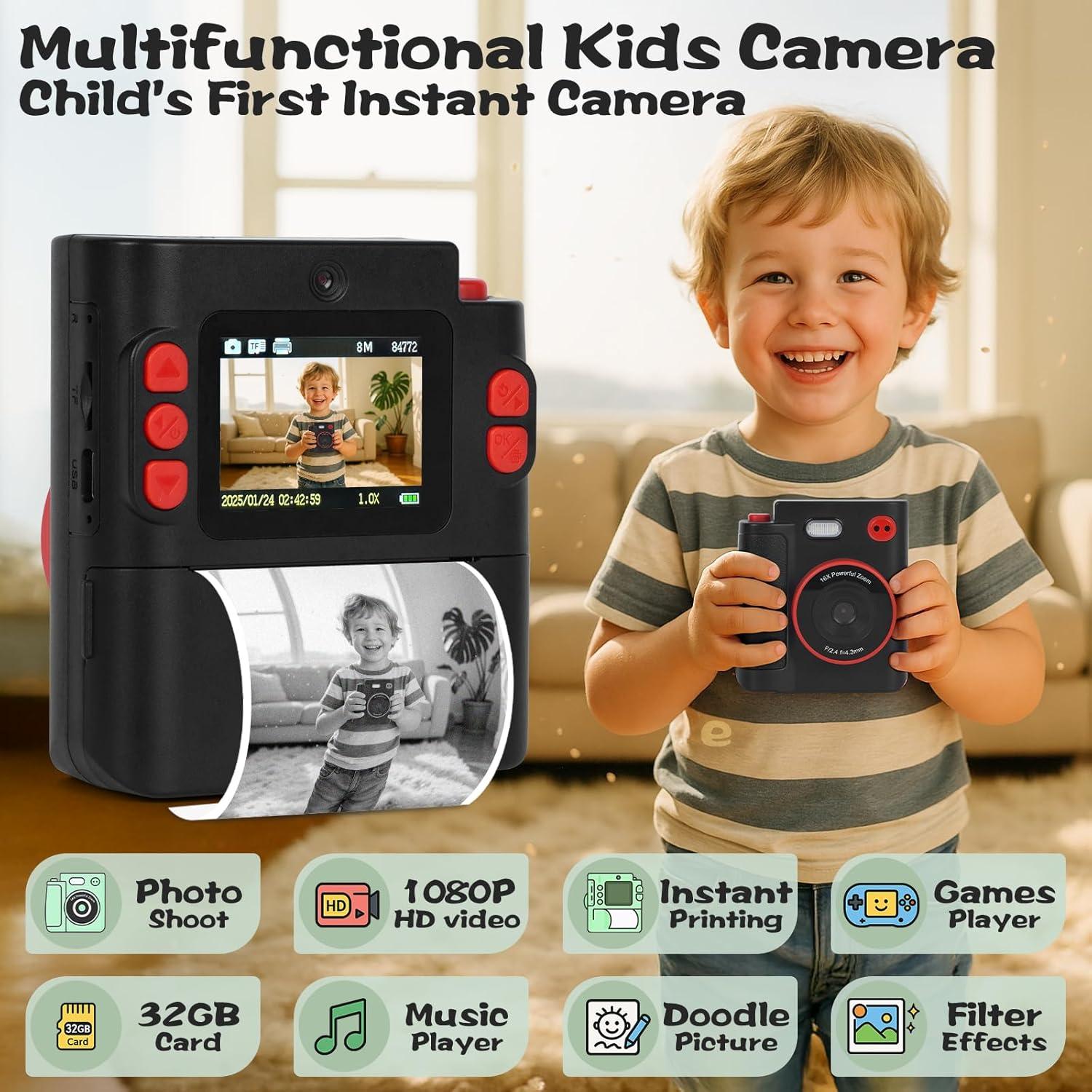 Cámara Instantánea Digital Cudinham 1080P para Niños - Negro