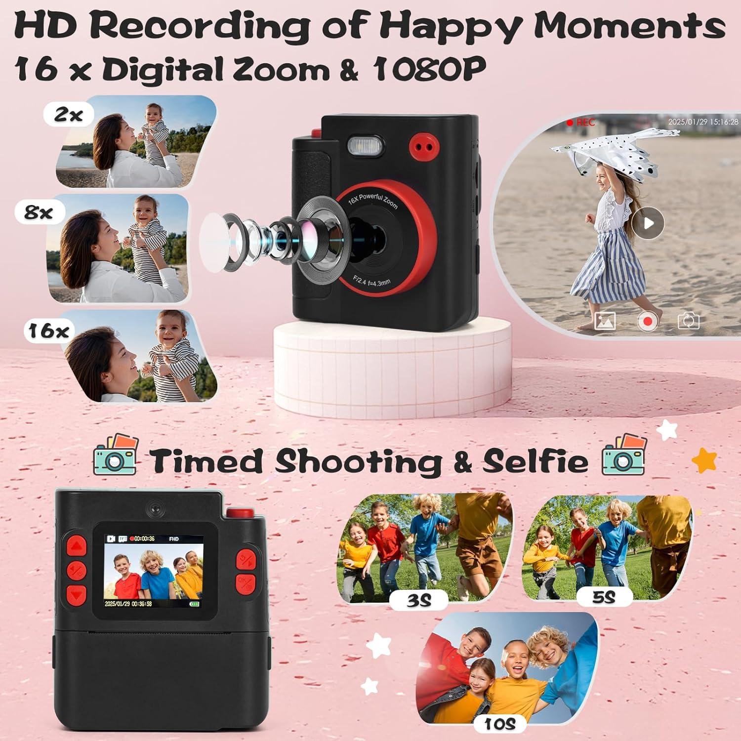 Cámara Instantánea Digital Cudinham 1080P para Niños - Negro