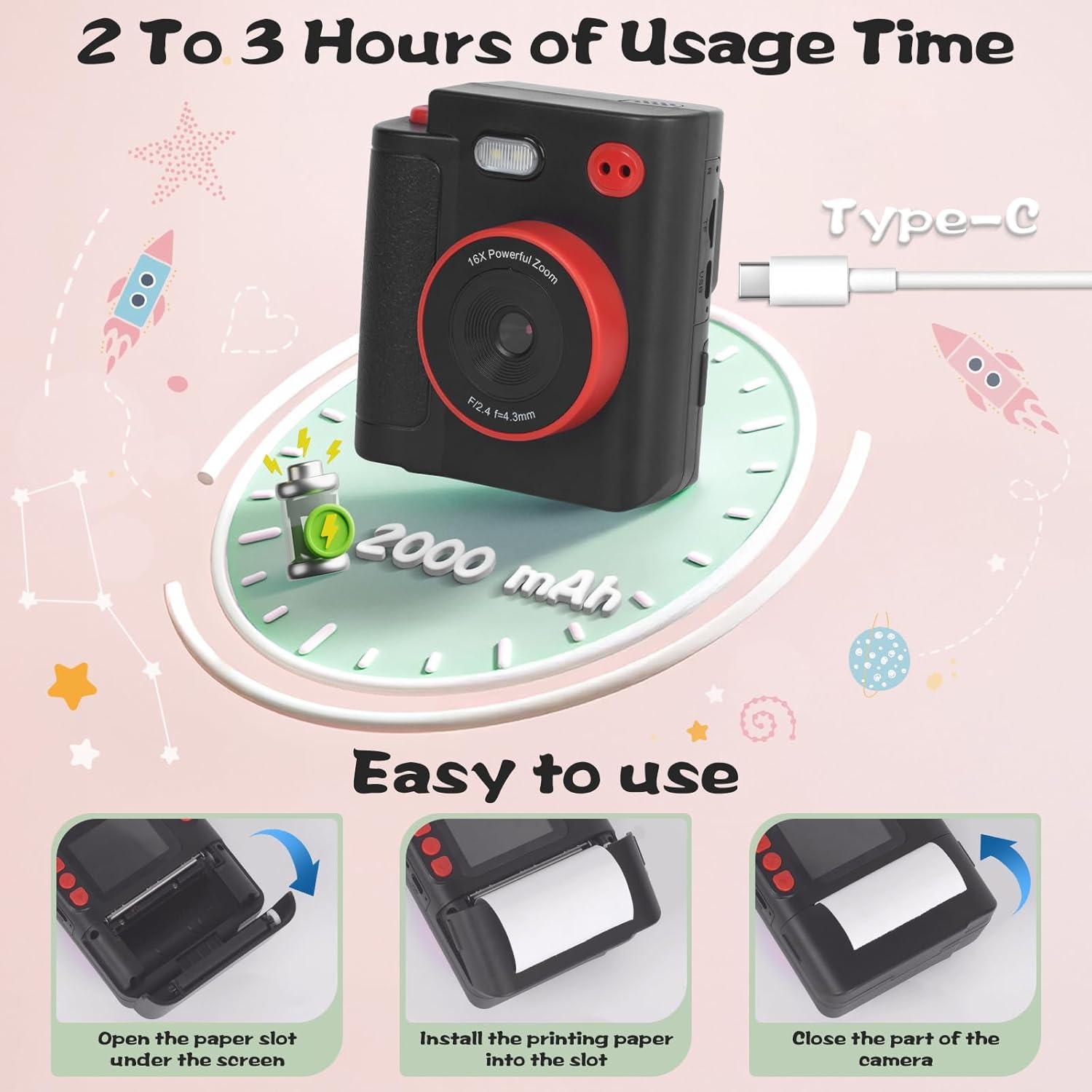 Cámara Instantánea Digital Cudinham 1080P para Niños - Negro