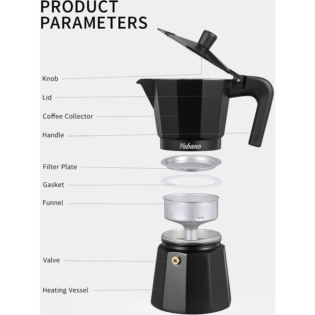 Cafetera Moka Yabano 3 Tazas Aluminio Negra para Espresso