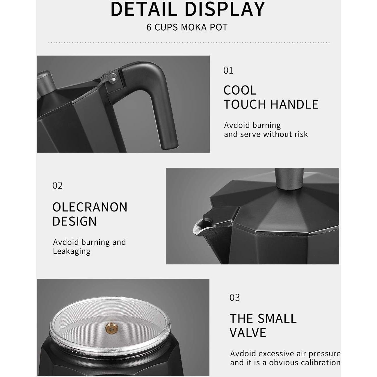 Cafetera Moka Yabano 3 Tazas Aluminio Negra para Espresso