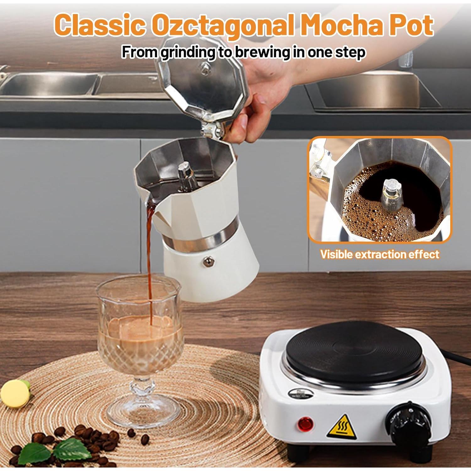 Juego de Moka Pot 2-en-1 Vaolvpant 150ml Estufa Eléctrica