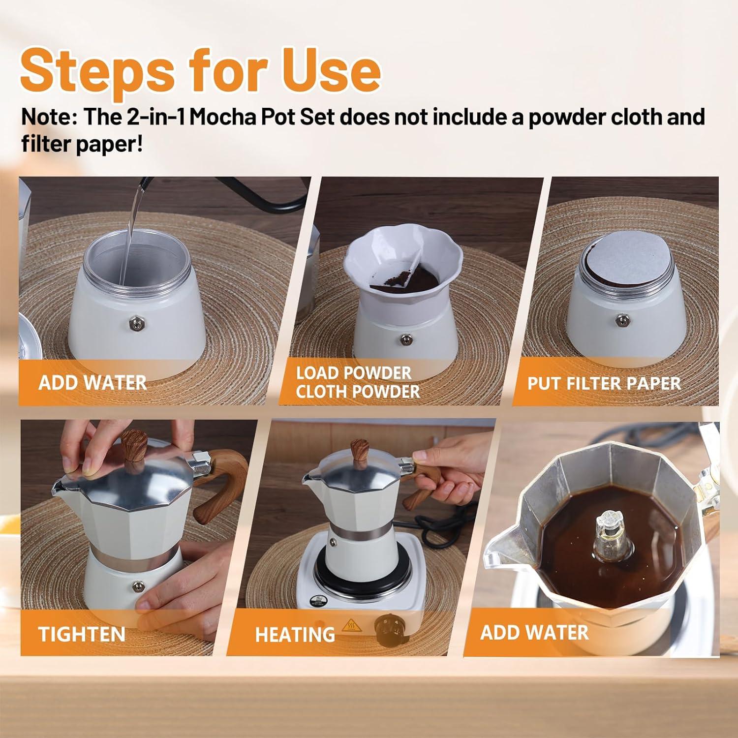 Juego de Moka Pot 2-en-1 Vaolvpant 150ml Estufa Eléctrica