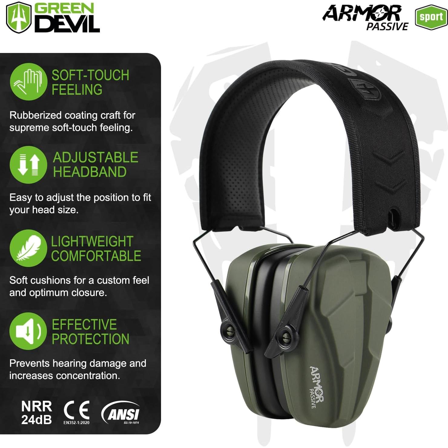 Orejeras Pasivas GREEN DEVIL Protección Auditiva 24dB Verde Militar