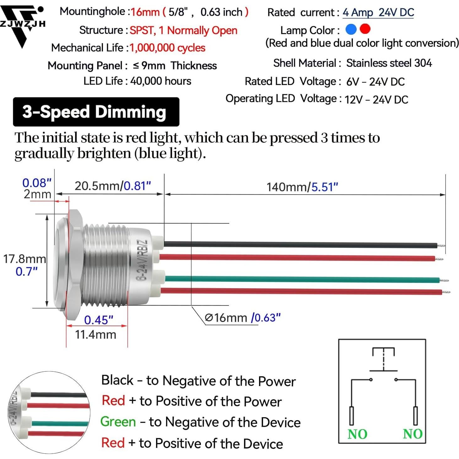Interruptor Táctil 16mm ZJWZJH 3 Velocidades LED 12V-24V