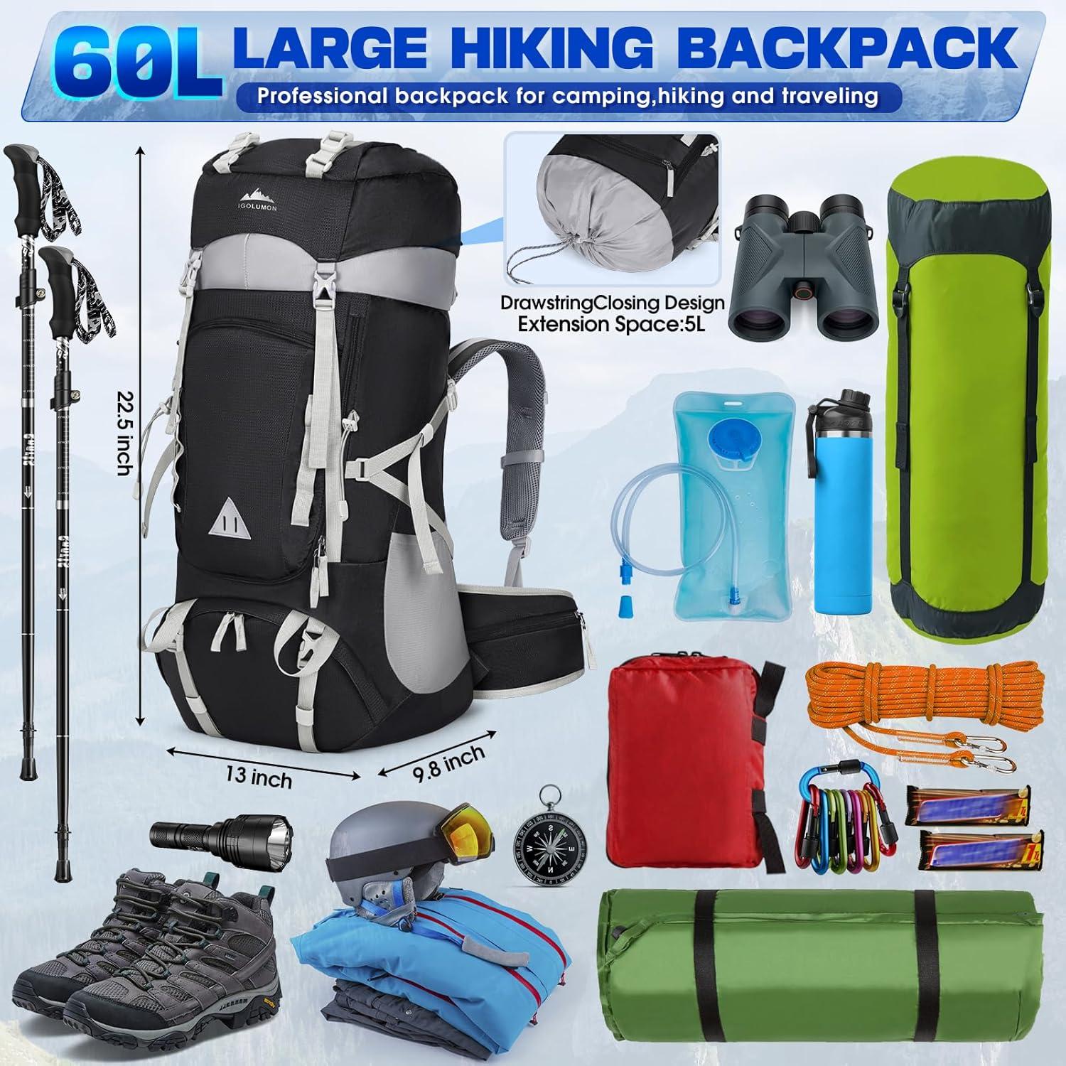 Mochila de Senderismo IGOLUMON 60L Impermeable Negra