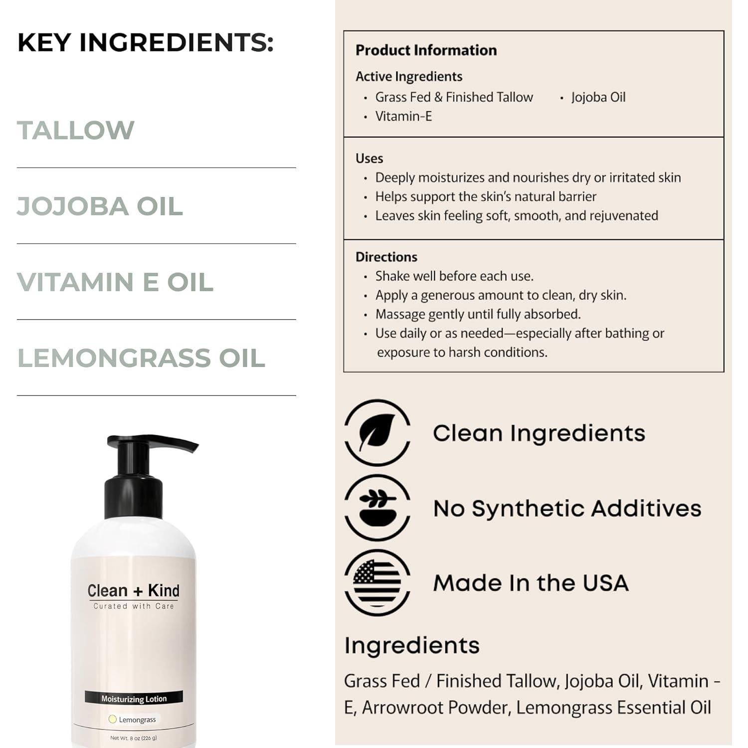 Loción Corporal Hidratante Clean + Kind 227 g - Sebo y Jojoba