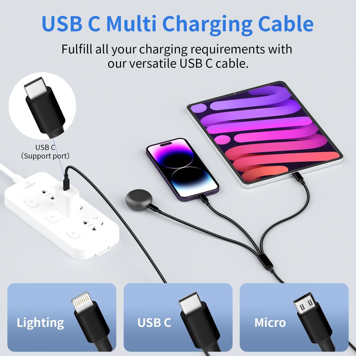Cable de Carga 3 en 1 Jogrytece 1.22m USB C, Micro USB, Lightning