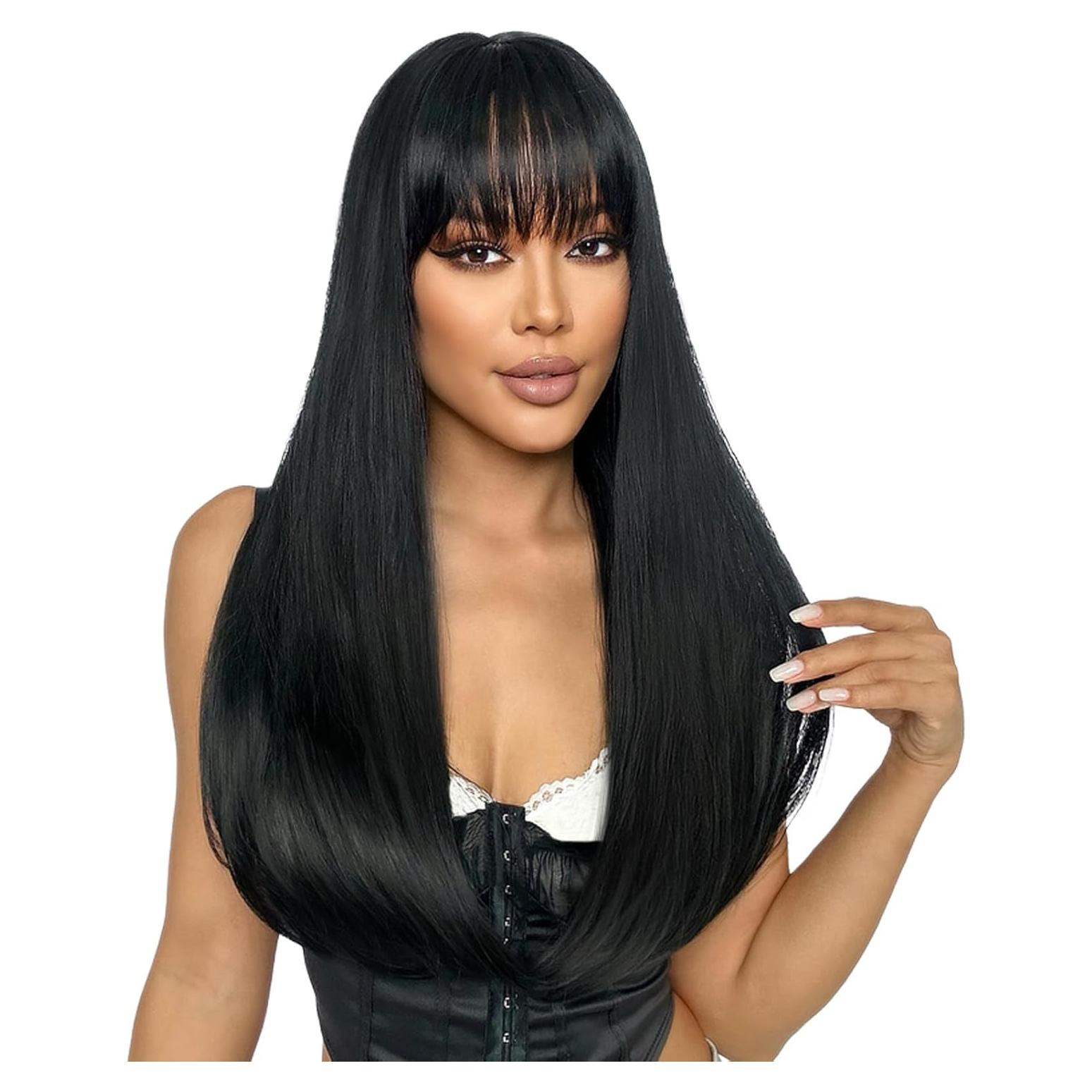 Peluca Negra Larga SUKRI 55.88 cm con Flequillo Sintética