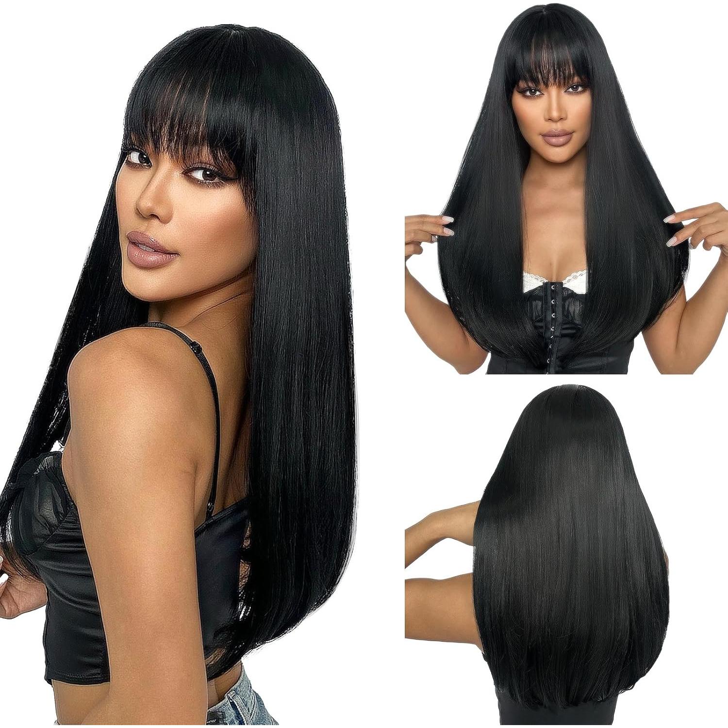 Peluca Negra Larga SUKRI 55.88 cm con Flequillo Sintética