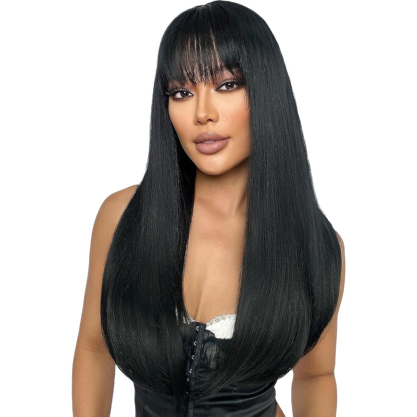 Peluca Negra Larga SUKRI 55.88 cm con Flequillo Sintética