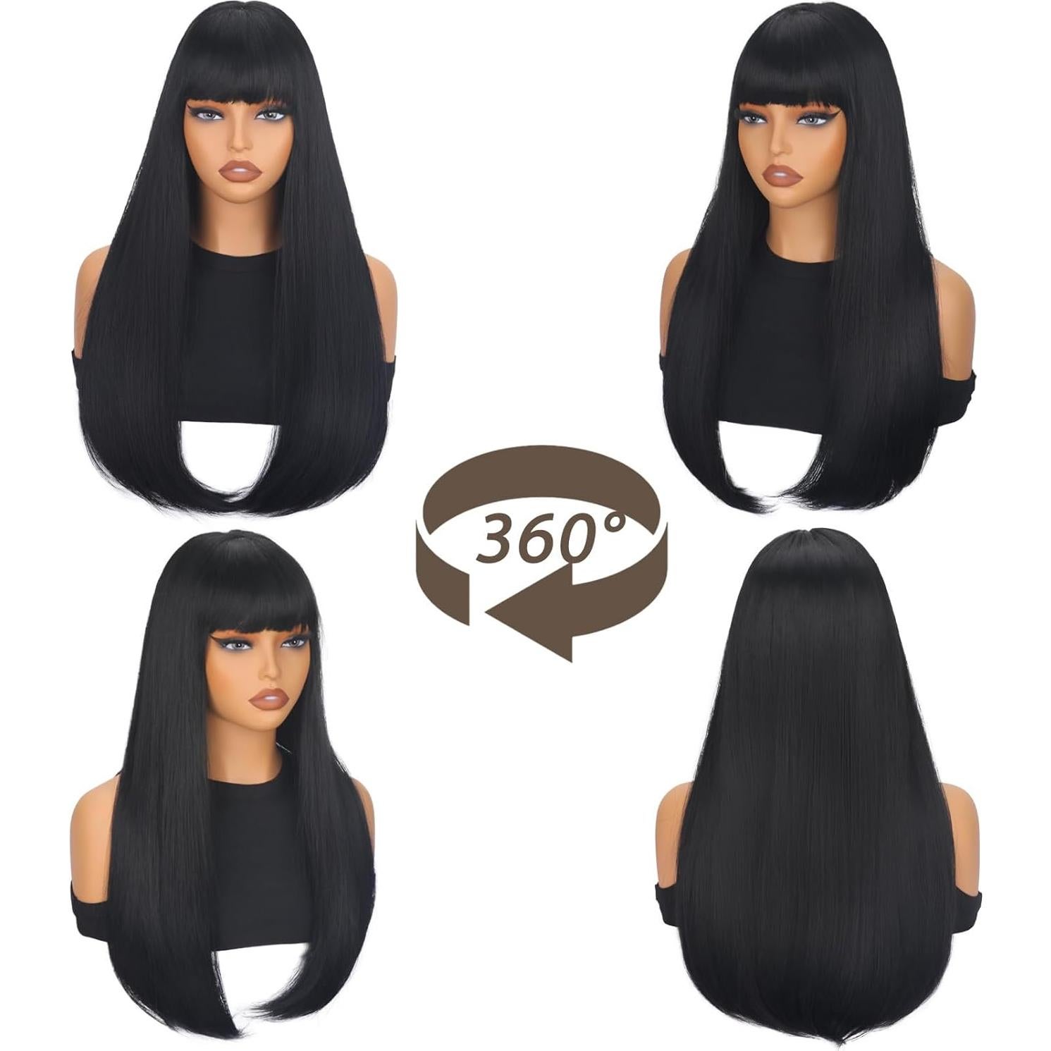 Peluca Negra Larga SUKRI 55.88 cm con Flequillo Sintética