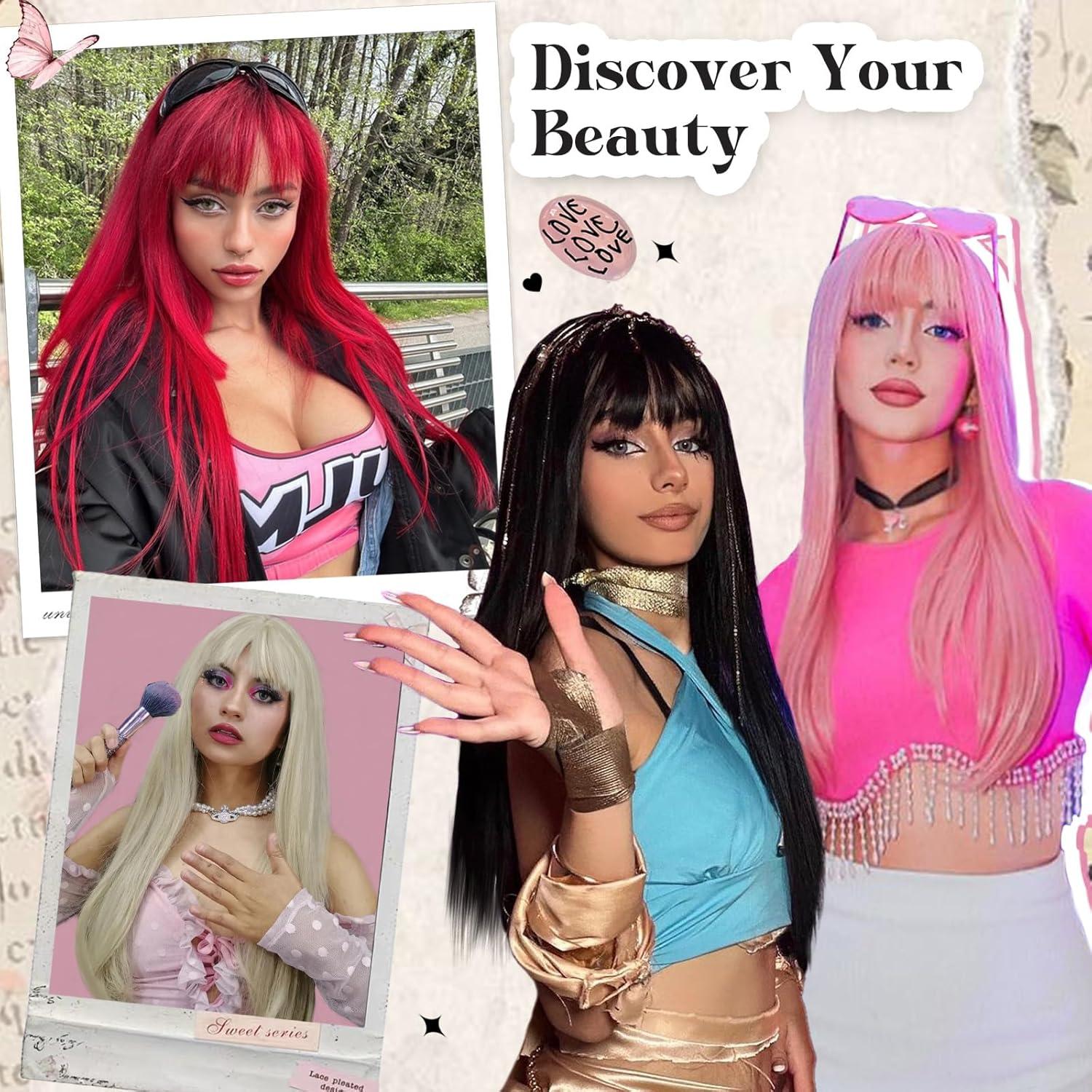 Peluca Negra Larga SUKRI 55.88 cm con Flequillo Sintética