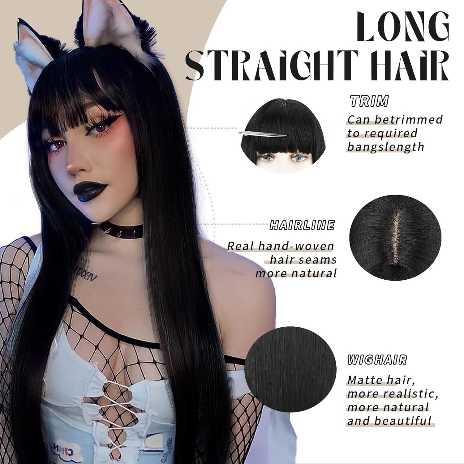 Peluca Negra Larga SUKRI 55.88 cm con Flequillo Sintética